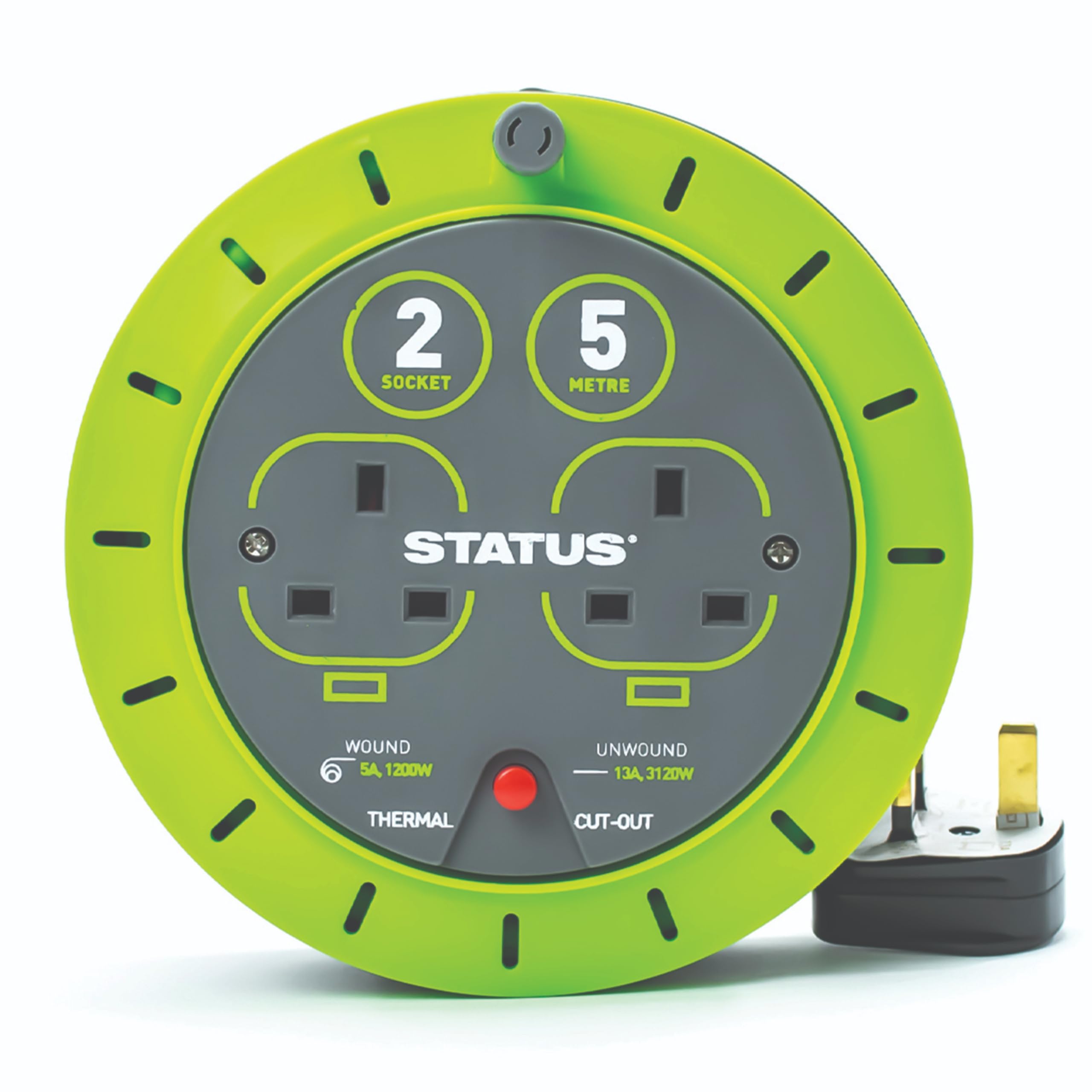 2 Socket Cable Reel | 5M Green Extension Lead | 13A With Thermal Cut Out | Heavy Duty Outdoor Extension Lead | S5m13acr3 5022822207530