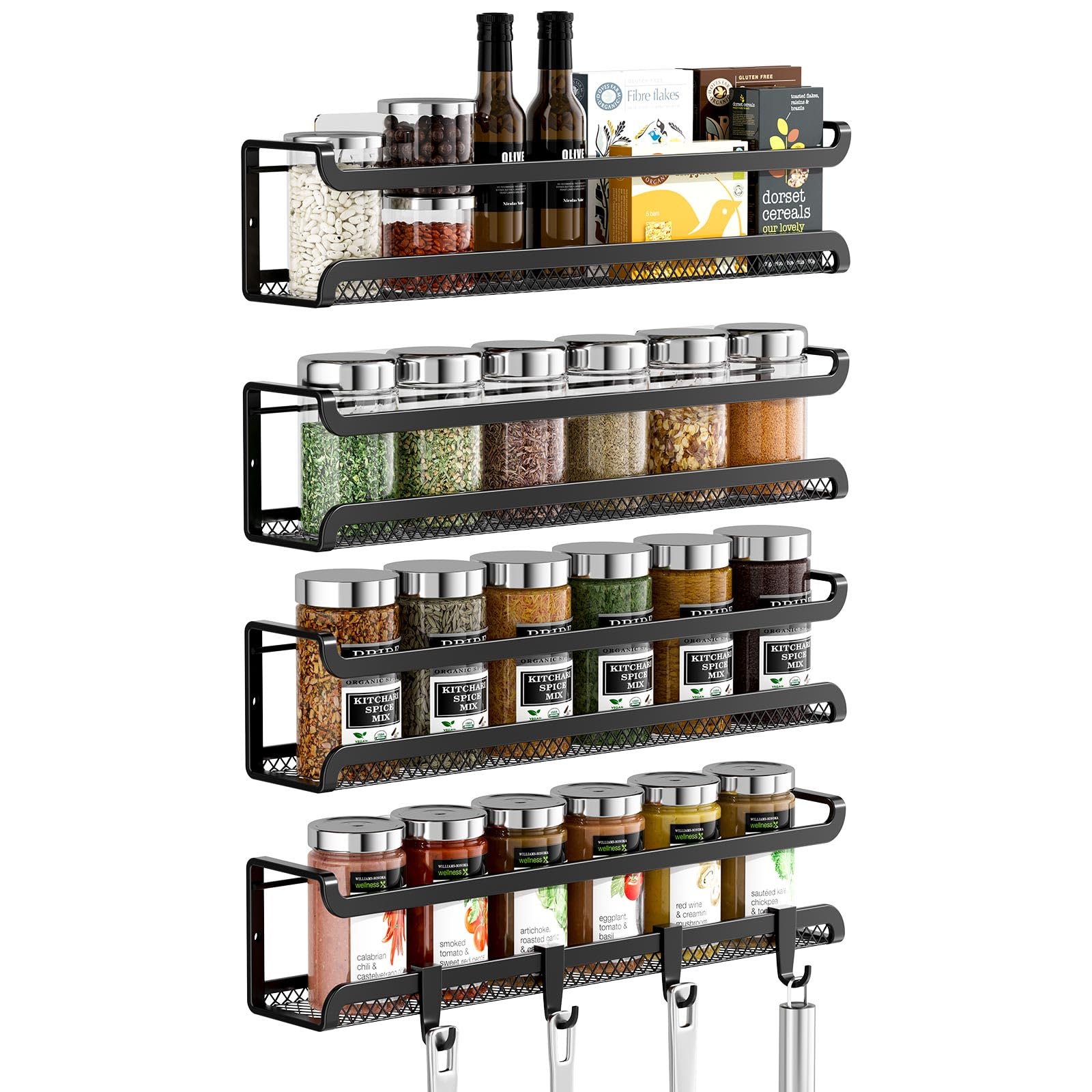 BAORELST Spice Rack Wall Mounted 4 Pack, Inside Cupboard Spice Organiser with Moveable 4 Hooks, Adhesive and Screws – Seasoning Organizer for Kitchen Door Storage(Black)