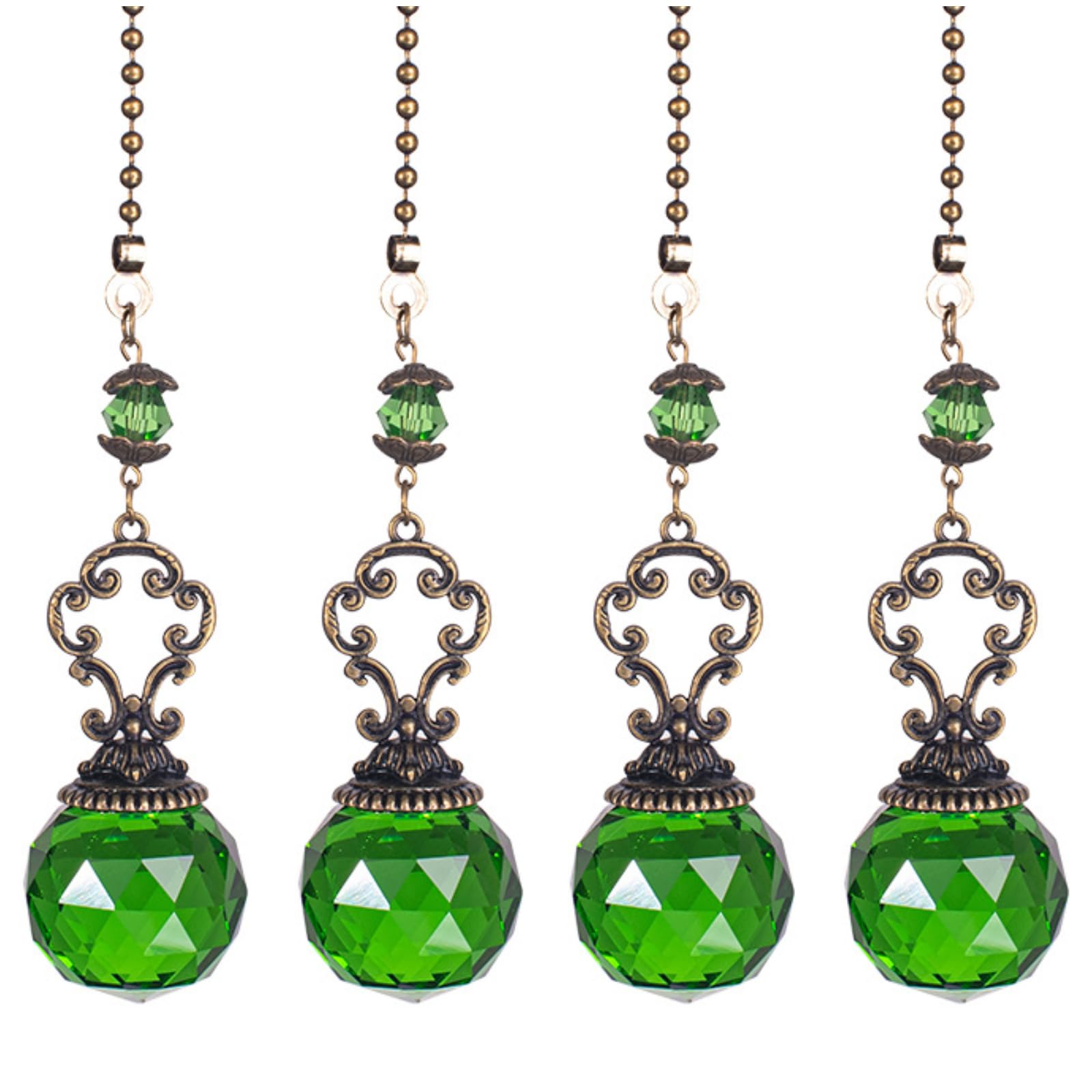 4PCS Ceiling Fan Pull Chain, Light Pull Chain Extension with Crystal Prism Ball, Decorative Fan Pull Chain, Fan Light Pull Chain/Blind Cord Pull (Green)