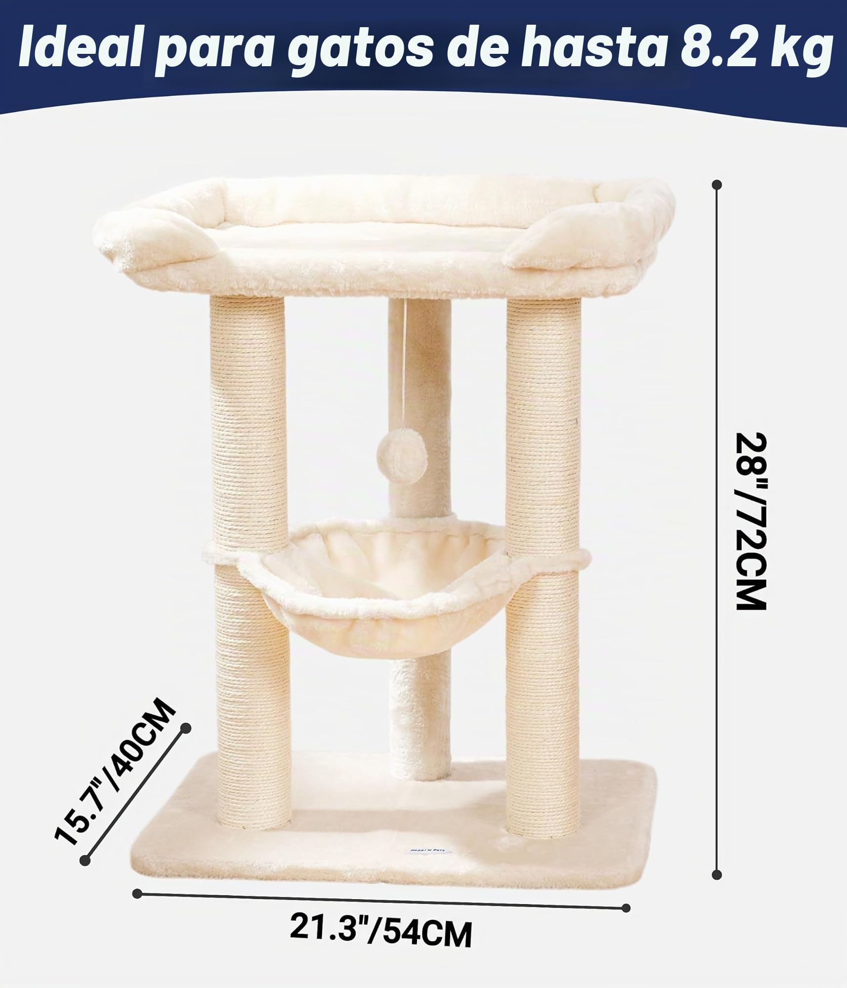 Happi N Pets Torre de árbol para Gatos de Interior de 28 Pulgadas, Poste rascador Grande y Alto con Cama, rascador de sisal con Percha Suave y Hamaca acogedora, Soporte Estable para Gatos, Funda