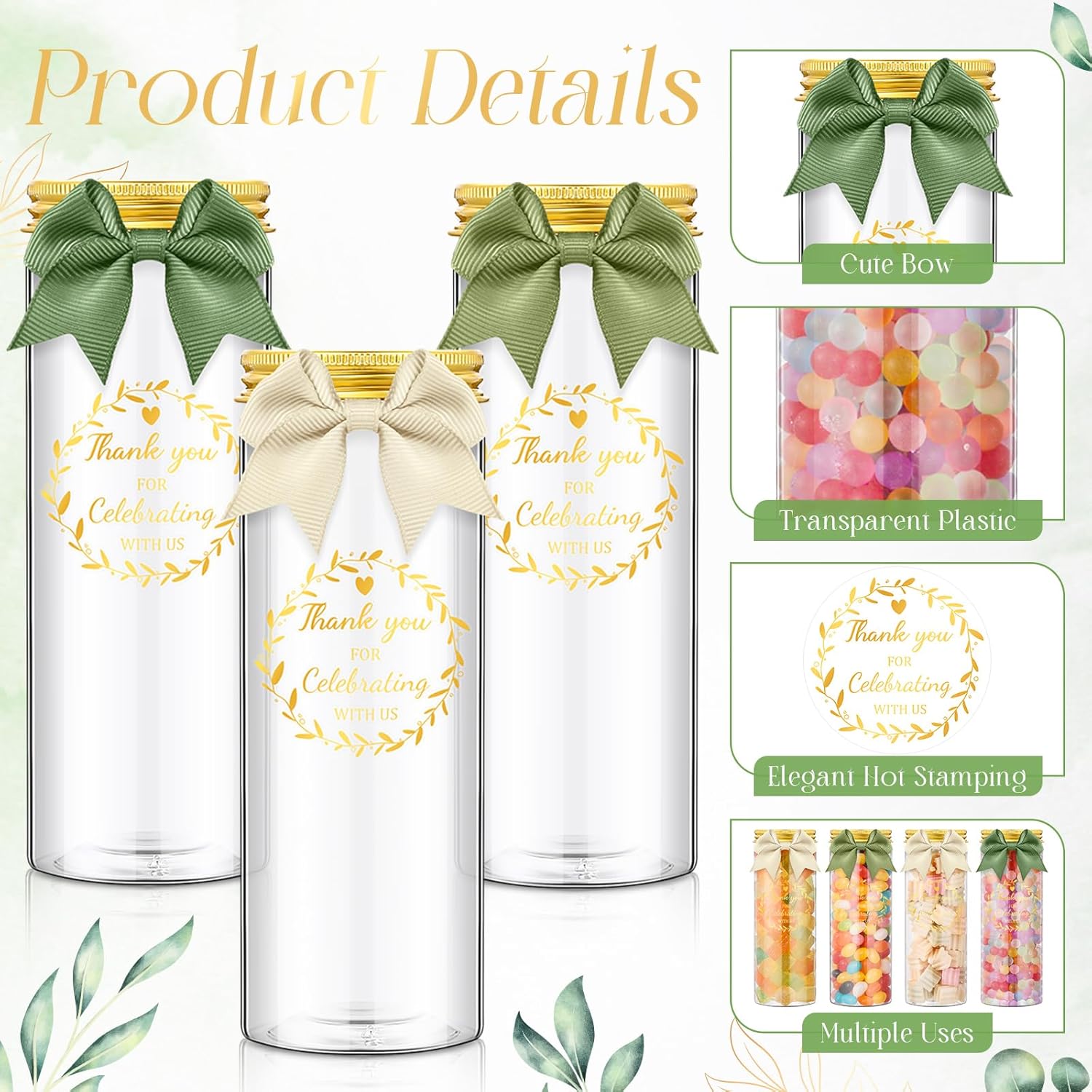 30 Sets Plastic Candy Bottles with Lids Sage Green Bow Thank You Stickers DIY Baby Shower Candy Jars Favors for Guests and Table Centerpieces for Wedding Bridal Shower Favors Gender Reveal