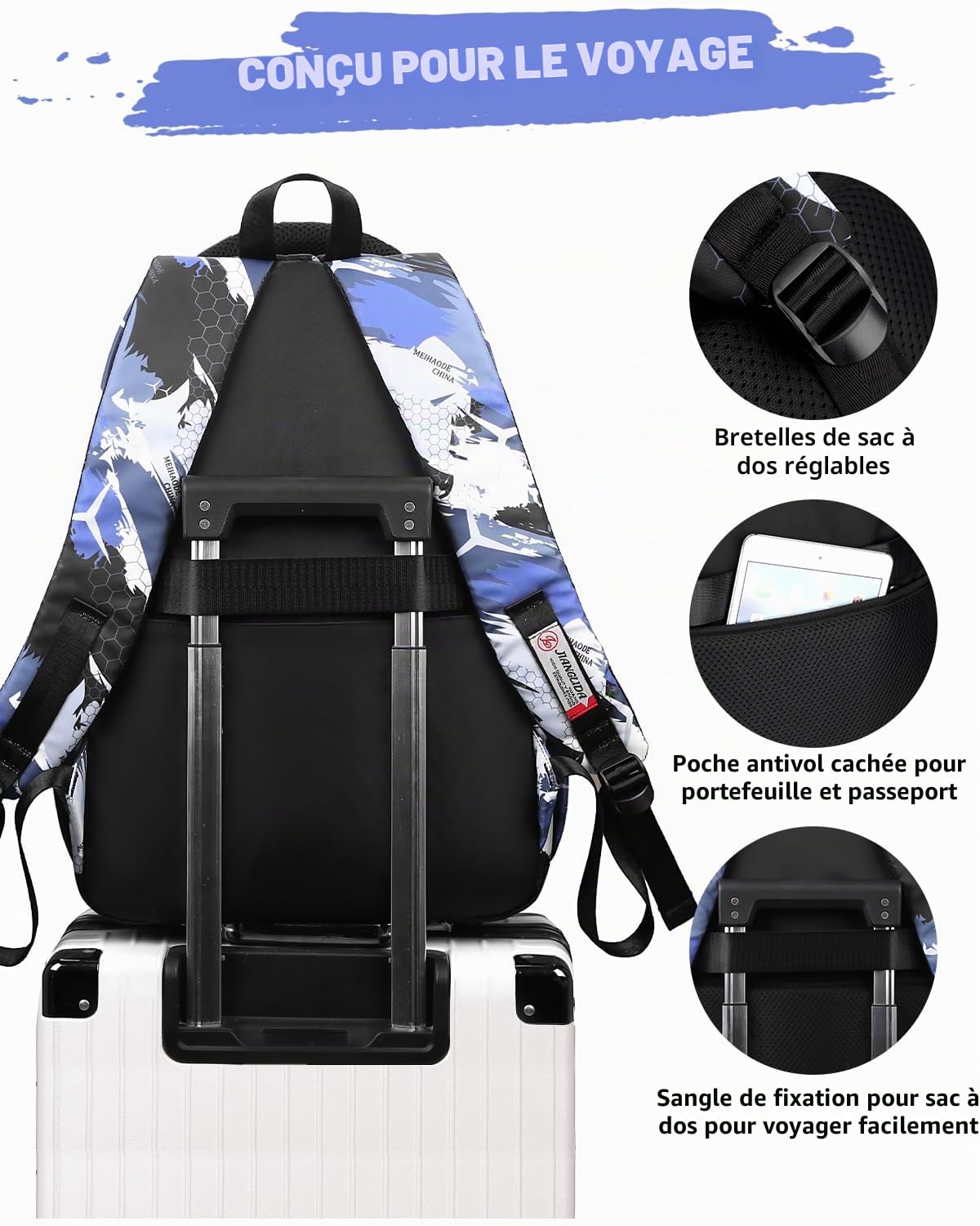 Tanou Sac a Dos College ado Garcon de 2 Pièces, Grand Cartable Garcon Primaire Sacs à Dos pour Enfant Impermeable, Sac Ecole Renforcé Daypack en Nylon pour Garçons 10 à 18 Ans, Camouflage Bleu