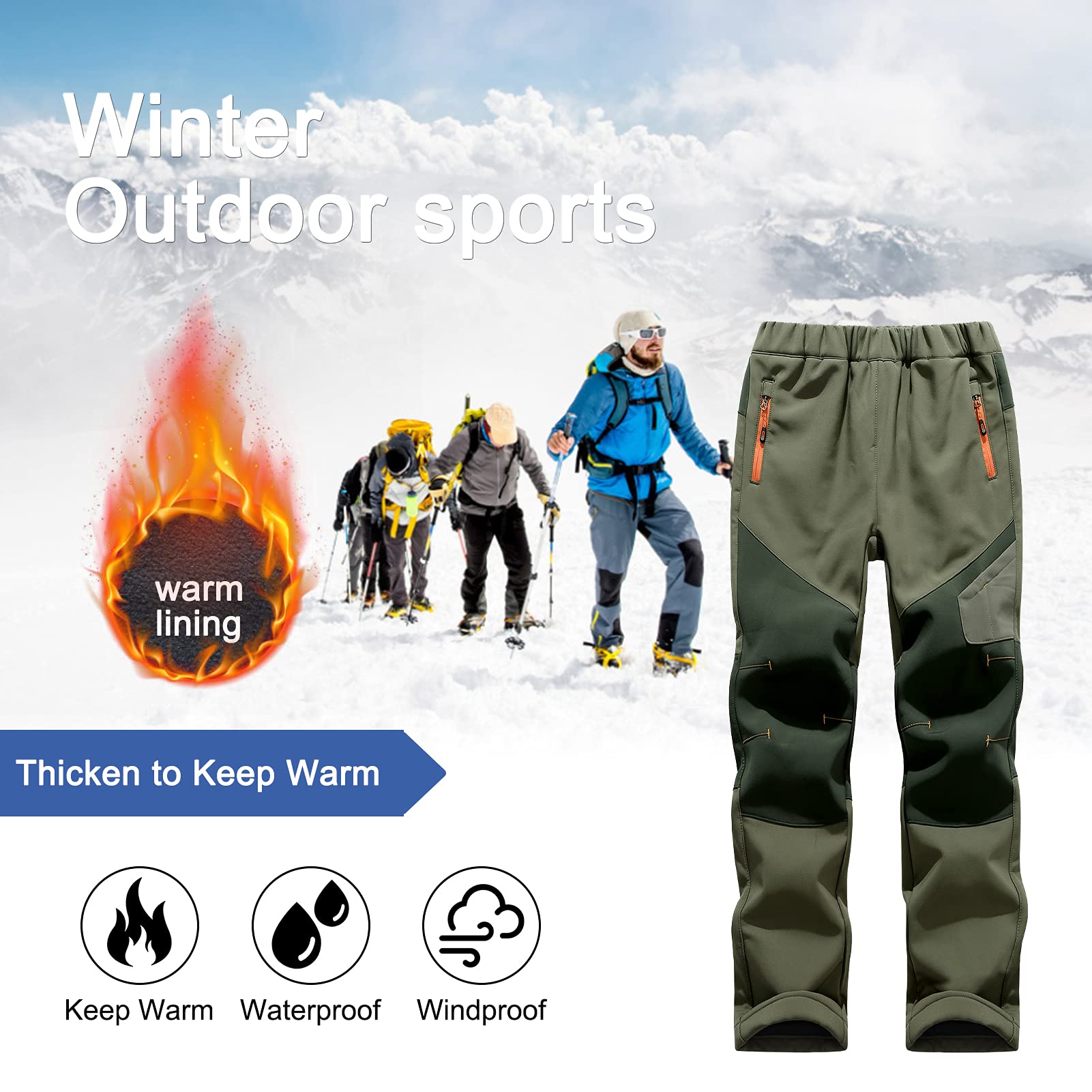 SEAUR Pantaloni softshell per bambini, imbottiti, invernali, caldi, da trekking, impermeabili, antivento, da neve, 115 – 175 cm