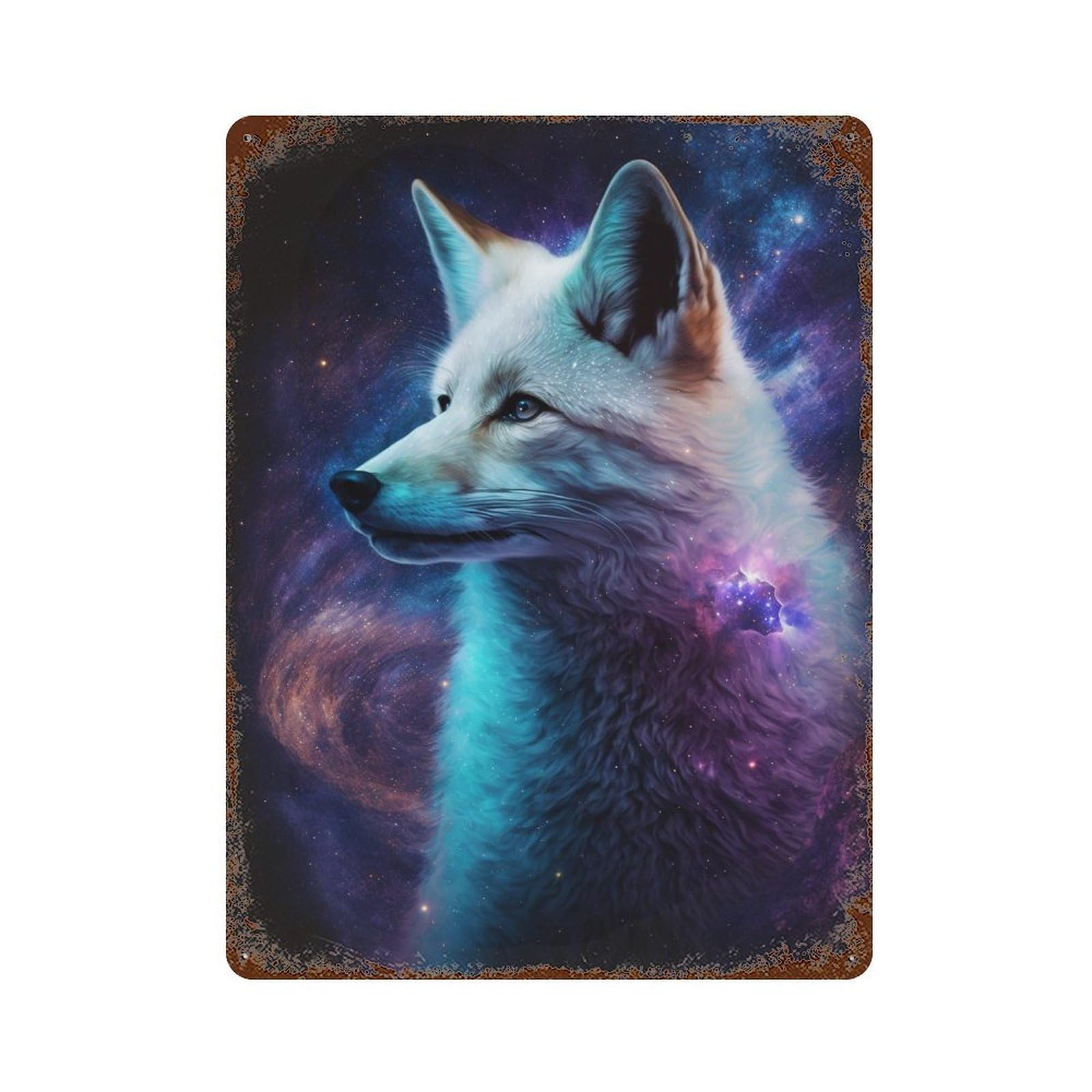 Rust Effect Cosmic Wolf Art Print-1 Rustic Tin Plaque 15.7"x11.8", Industrial Home Decor for Bistro, Counter And Cafe Decor