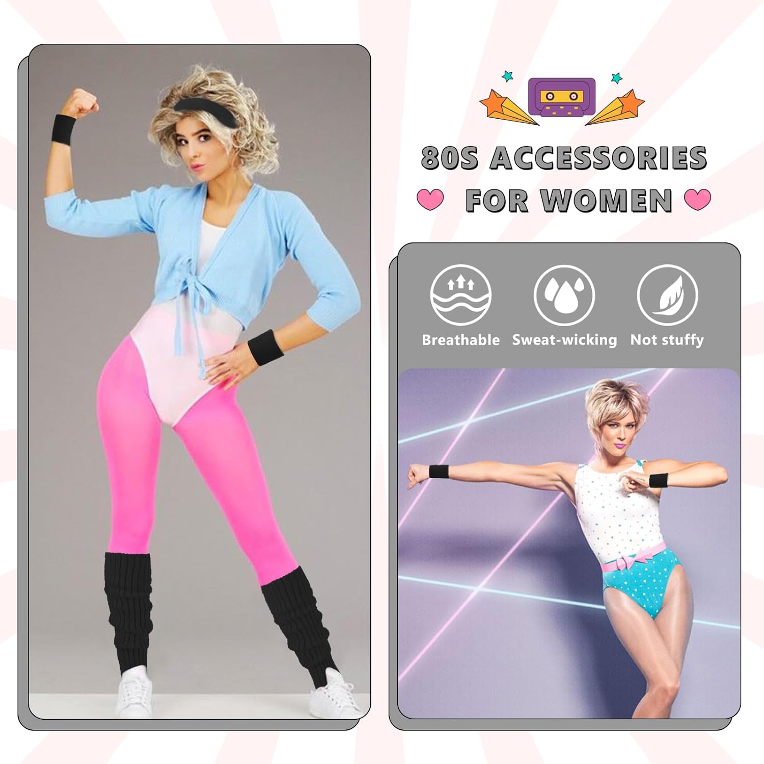 Junely 80s Accessories for Women Neon Leg Warmers Headband and Wristbands Set Knit Legwarmers for Ballet Dance Figure Skating - Image 2