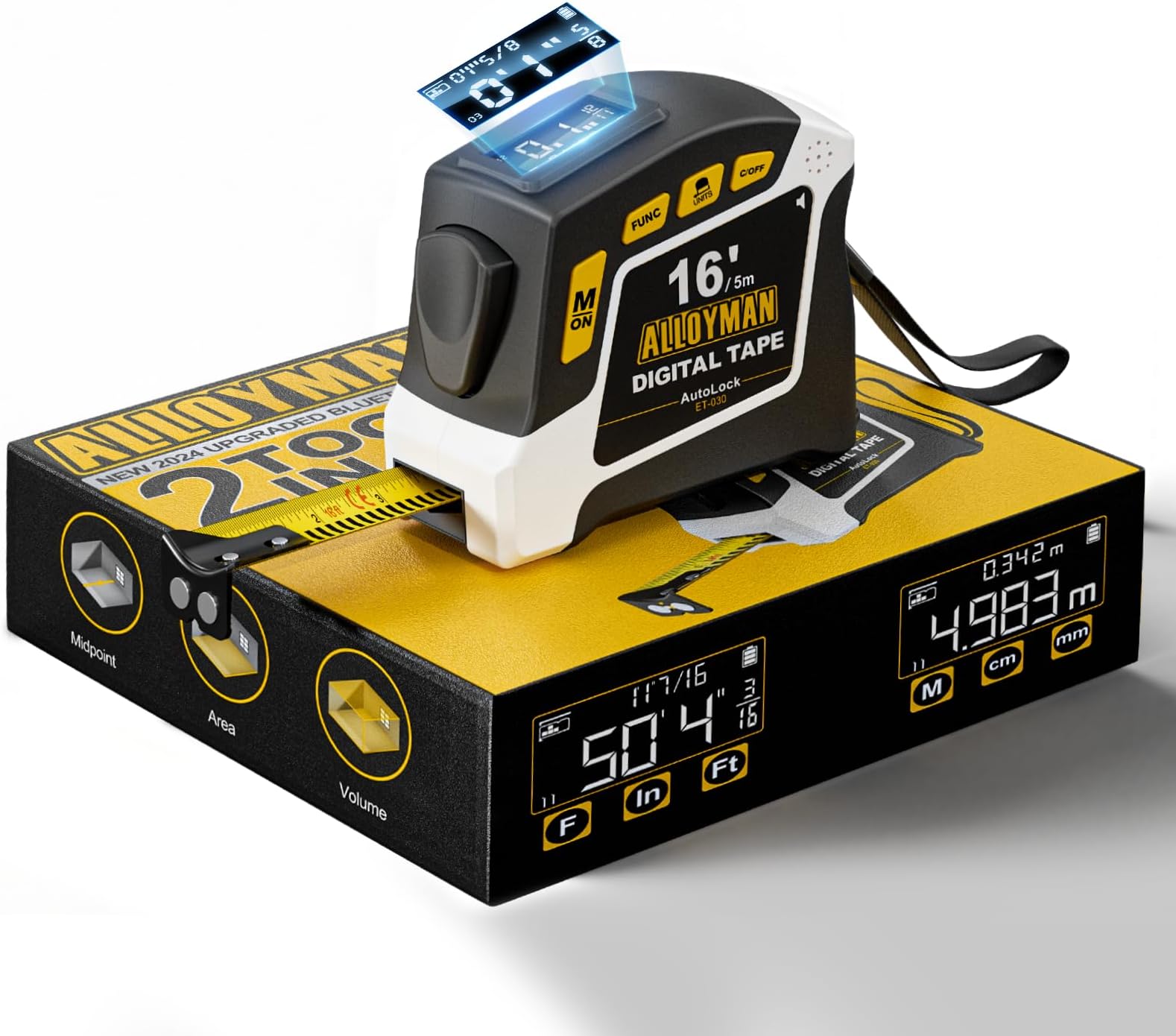 2-in-1 Digital Tape Measure, 16Ft Length, 6 Unit Options, 4 Measuring Modes, Stores 50 Records, Auto Lock with Magnetic Hook, Waterproof & Drop-Resistant