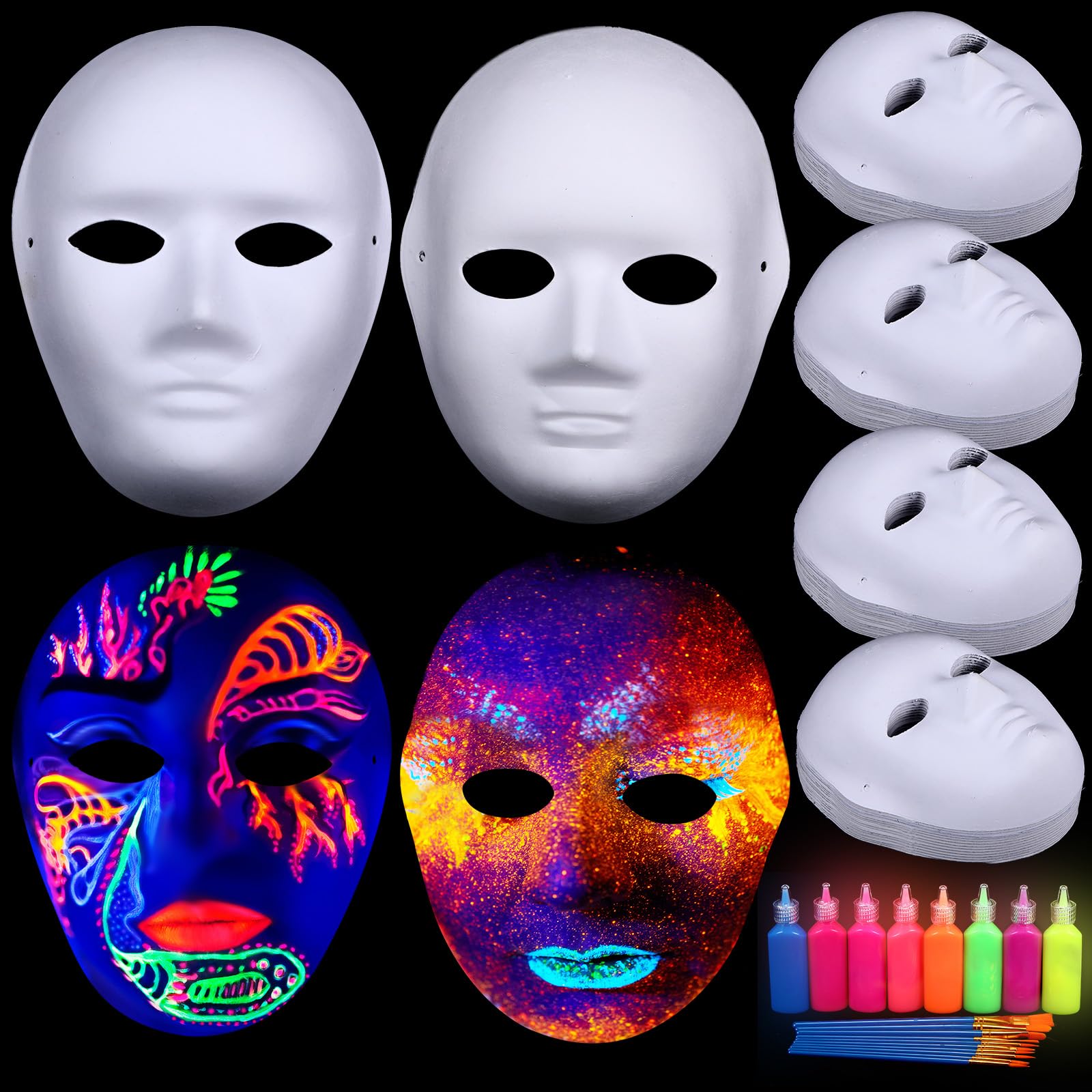 Liliful 78 Pcs Full Face Paper Mache Masks Paintable Blank Costume Masks Glow in The Dark Paint Plastic Paint Brushes Set for Cosplay Artwork DIY Projects Costumes Decorations