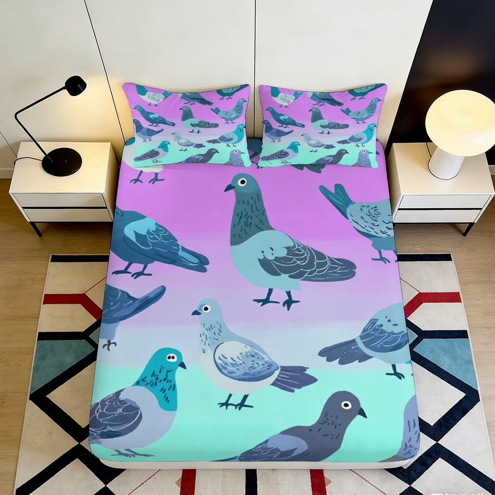 3D Printed Gradient Pigeon Fitted Sheet Microfiber Soft Breathable Bird Pattern Bed Cover for Bedroom Dorm Decor 90x200x25cm