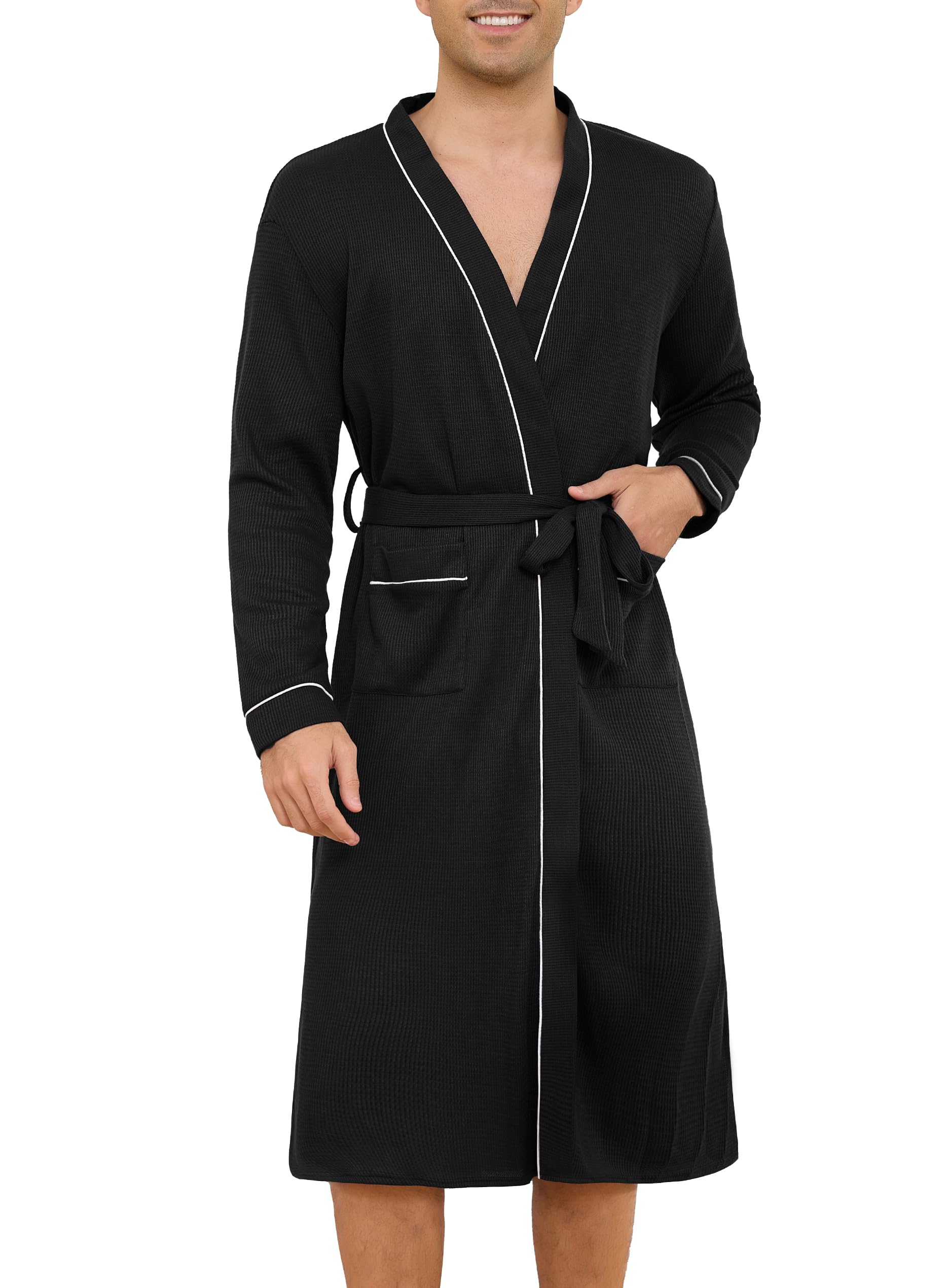 Lovasy Bademantel Waffelpique Herren Langarm Saunamantel Waffelstrick Morgenmantel Lang Loungewear mit Gürtel und Taschen