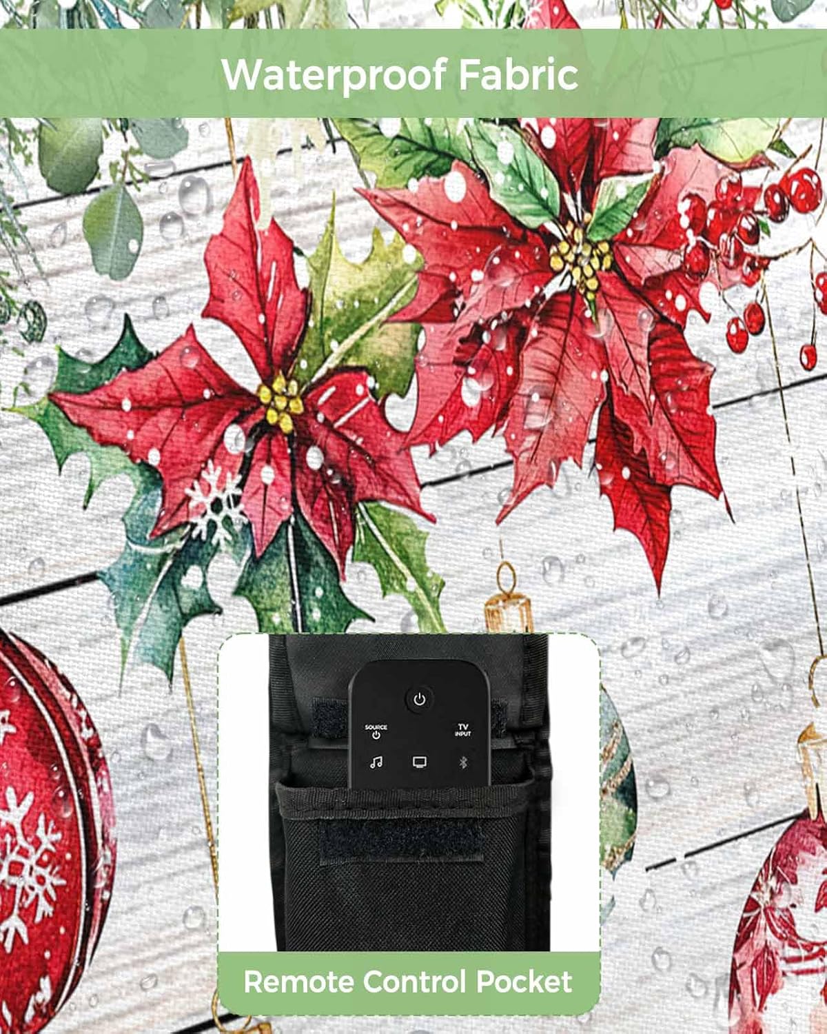 Christmas Poinsettia Outdoor TV Cover 80"-85" - 600D Waterproof TV Cover Weatherproof TV Screen Protector Dustproof Winter Xmas Berry Balls Wooden Grain Gray TV Display Protector for Flat Screen TV