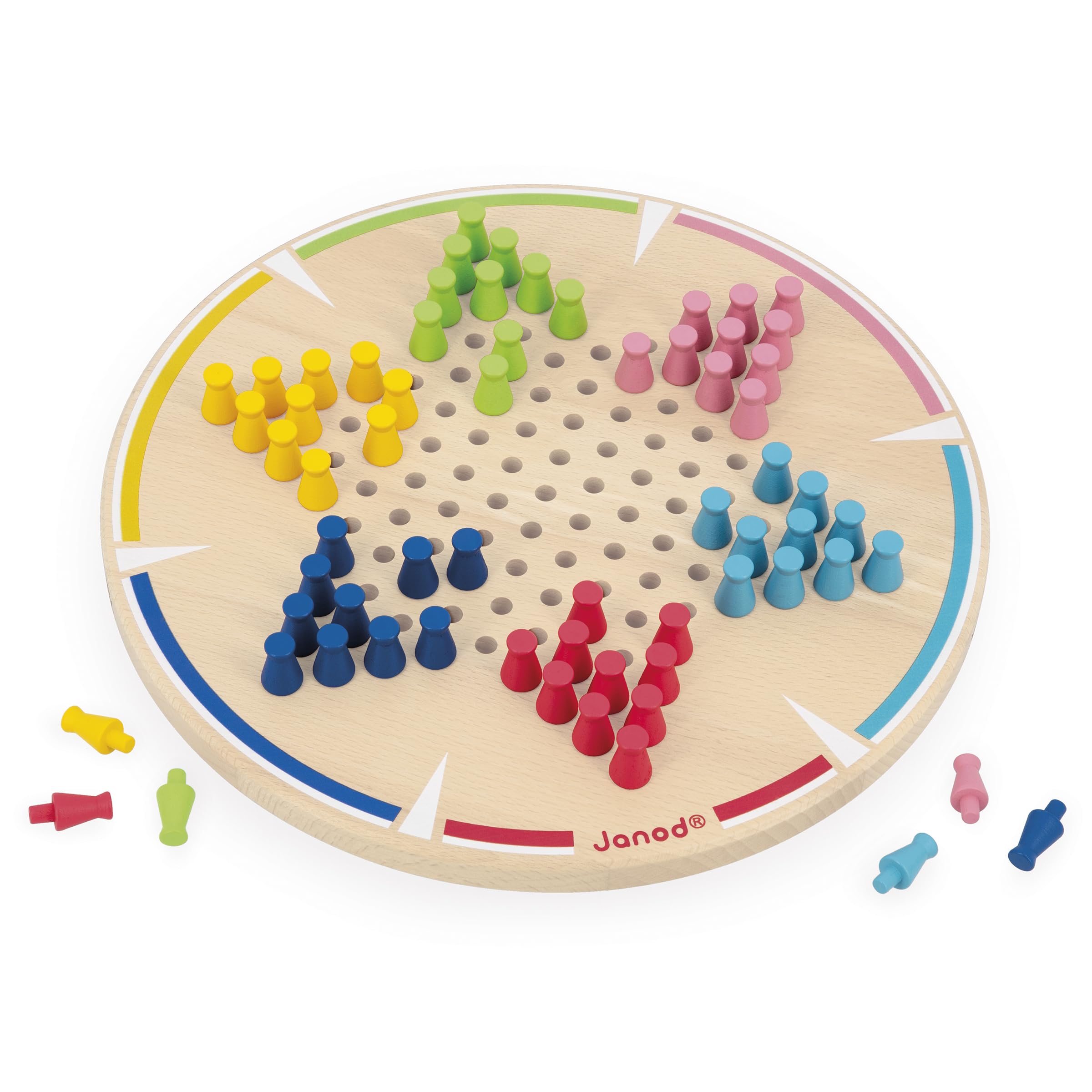 Janod - Mes Premières Dames Chinoises - 1 Plateau en Bois + 60 Pions Colorés - 2 à 6 Joueurs - Jeu de Société Classique pour Enfant Dès 5 Ans