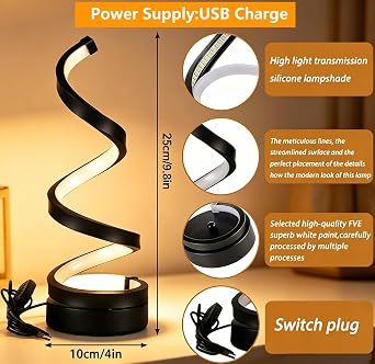 LED Table Lamp Spiral USB Desk Light Bedside Lamp | 3 Colors Stepless Dimming Nightstand Lamps Minimalist Night Light for Home Living Room Bedroom Office Decor