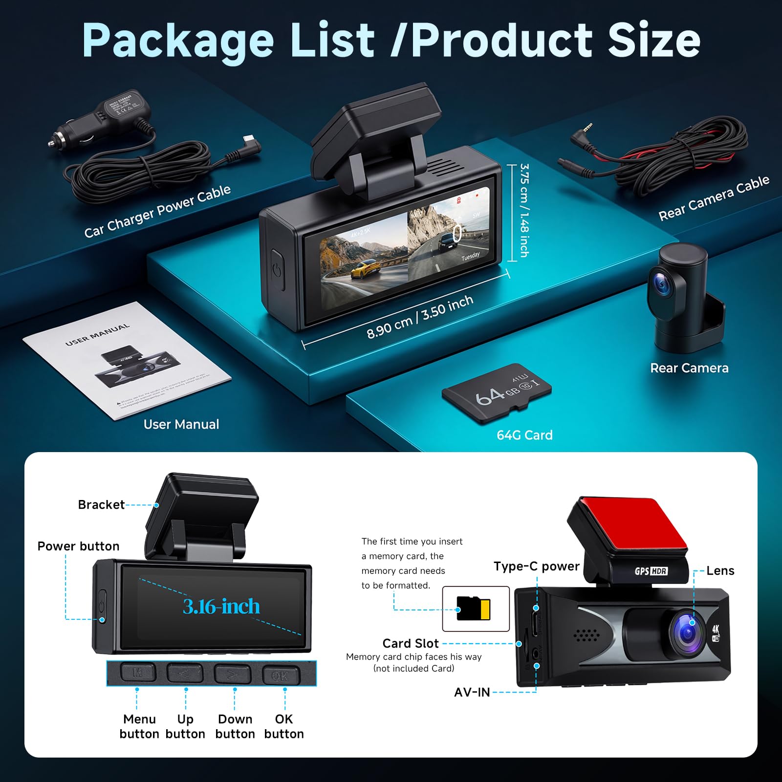 Hodozzy 4K Dashcam Cámara Frontal y Cámara Trasera 2,5K, Pantalla 3,16 Pulgadas, Cámara para Salpicadero de Coche, 5,8GHz WiFi App, ADAS BSD LCA, Sensor G Grabación en Bucle, Monitor en Aparcamiento