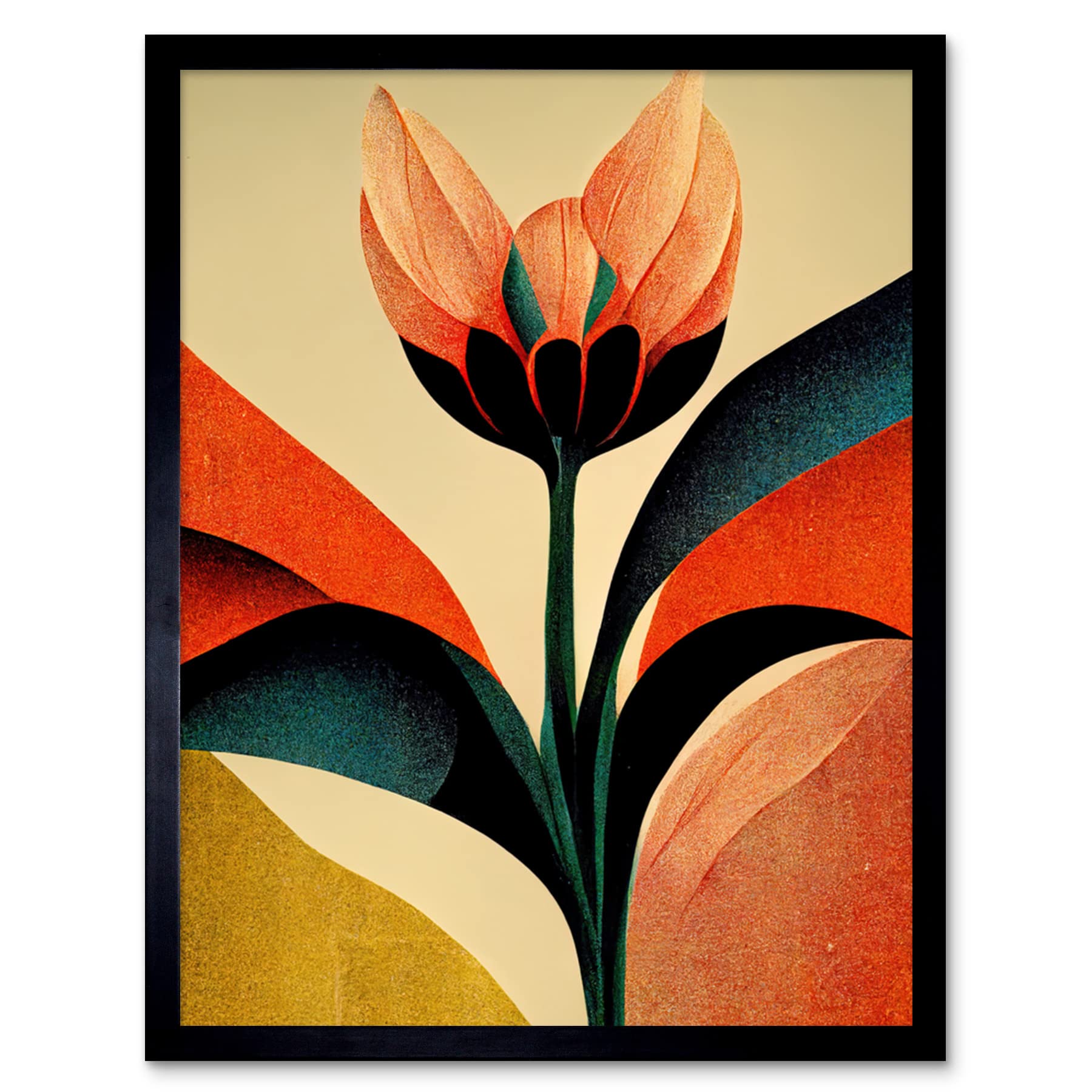 Wee Blue Coo Framed Black 9X7 Abstract Flower Art Deco Symmetry Painting Artwork Framed Wall Art Print 9X7 Inch