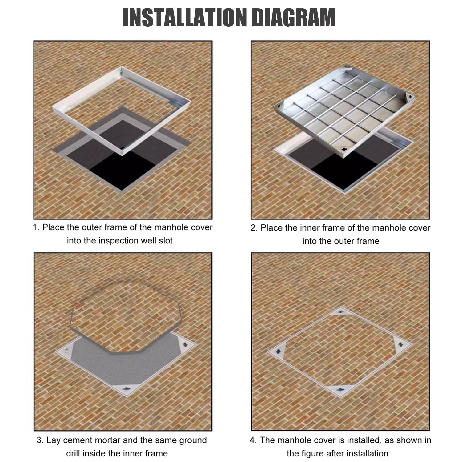 Tapa de alcantarilla empotrada Invisible - Marco de Acero Inoxidable 304, Perfil bajo de 5 cm/8 cm de Altura, Duradera y Resistente, Ideal para Uso en Exteriores e Interiores (50 x 50 cm).
