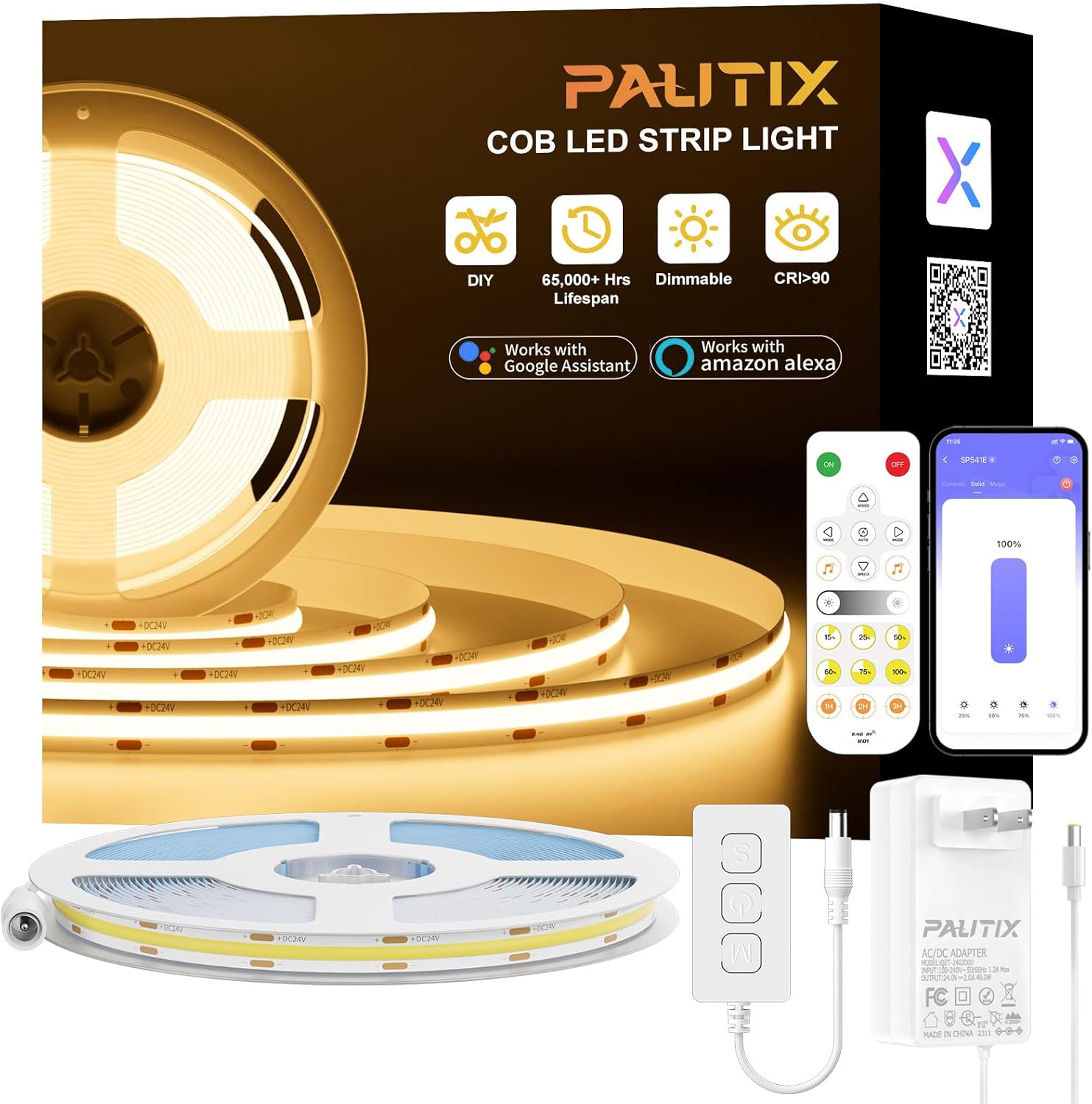 PAUTIX COB LED Strip Light 32.8ft/10m 4800LEDs Warm White 2700K,Compatible with Alexa/Google Assistant,CRI93+ Super Bright High Lumen,Dimmable 24V Flexible LED Tape Light,for Home&Office DIY Lighting