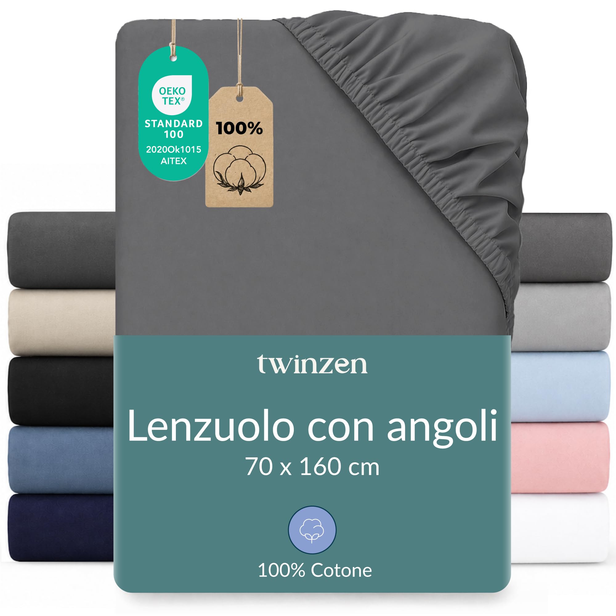 Twinzen Lettino Bambino 70 x 160 cm - 100% Cotone Jersey, Antracite - Oeko Tex Certificato - Lenzuolo Con Angoli Neonato