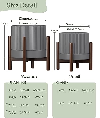 Miniatura 6 de Carrward Macetas de cerámica para interiores con orificio de drenaje y platillo, incluye soporte, maceta cilíndrica moderna de mediados de siglo de