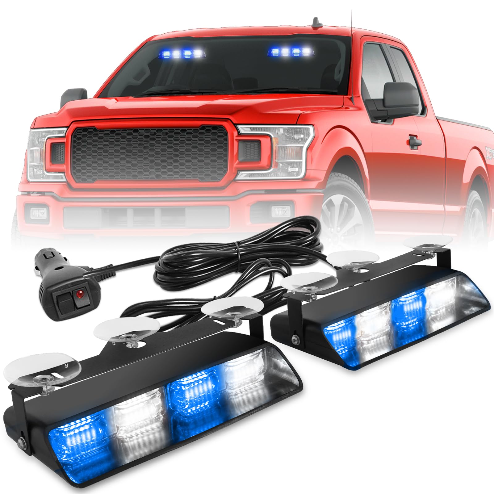 HLauto 2002L Emergency Dash Strobe Lights: Blue White Safety Lights, Flashing Warning Hazard Windshield Visor Traffic Light Bars for Trucks,