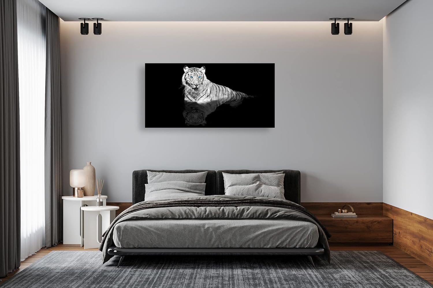 D01350 Black & White Tiger Canvas Wall Art Wild Animal Print Picture 1 Panel Blue Eyed Tiger Painting Artwork for Kitchen Office Home Wall Decor Stretched and Framed Ready to Hang 20.00" x 40.00" Black