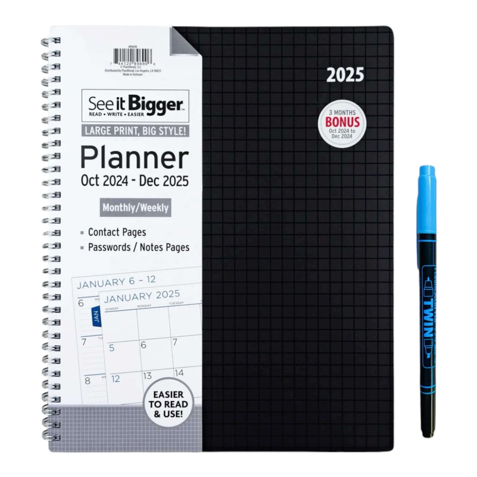 PlanAhead See IT Bigger October 2023 - December 2024 Monthly/Weekly Large Planner 8.5" x 11"and SUHEYLA Ultima Pen (See It Bigger)