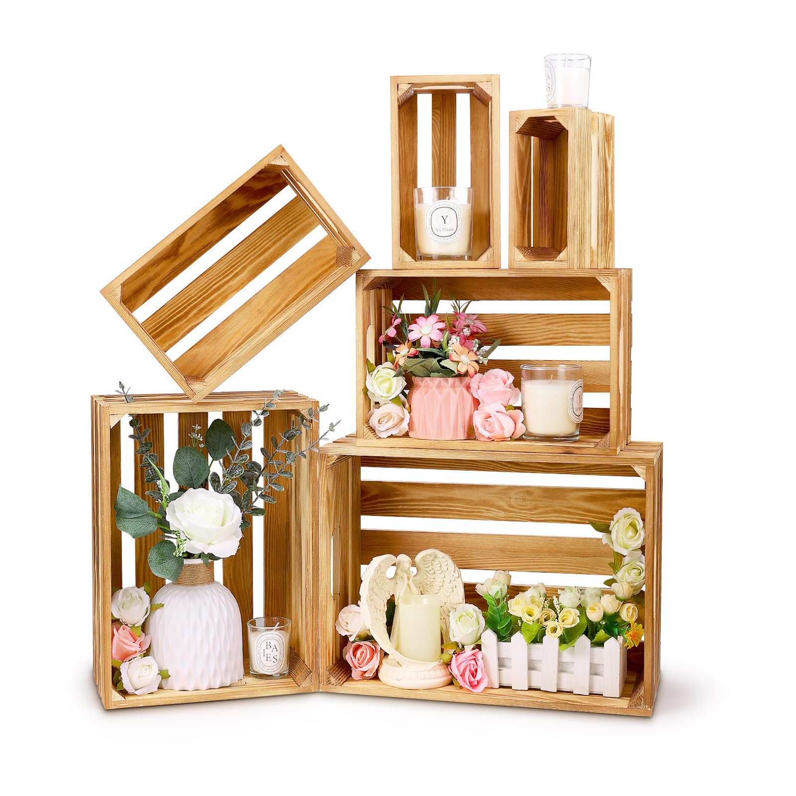 6 cajas decorativas de madera para exhibición, cajas de madera blanqueadas para exhibición rústica, almacenamiento de 6 tamaños grandes, pequeñas cajas de almacenamiento decorativas de madera
