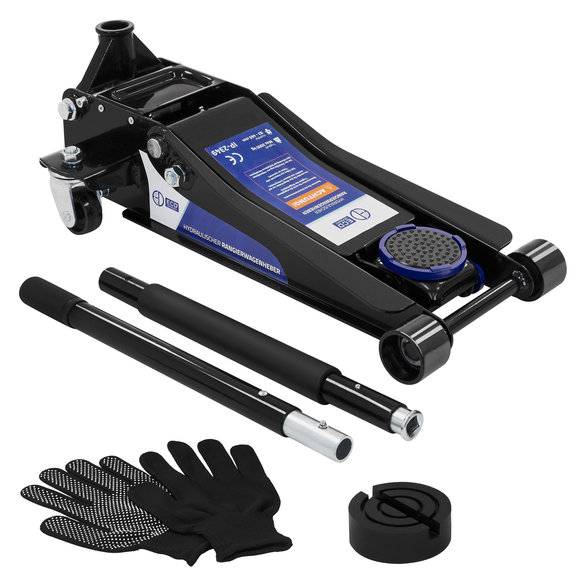 ECD Germany Gato Hidráulico para Coches 3T Altura de Elevación Plana 83-465 mm con 2X Almohadillas de Goma y Mango Largo Diseño Robusto Elevador con Rodillos de 360° y Guantes de Montaje