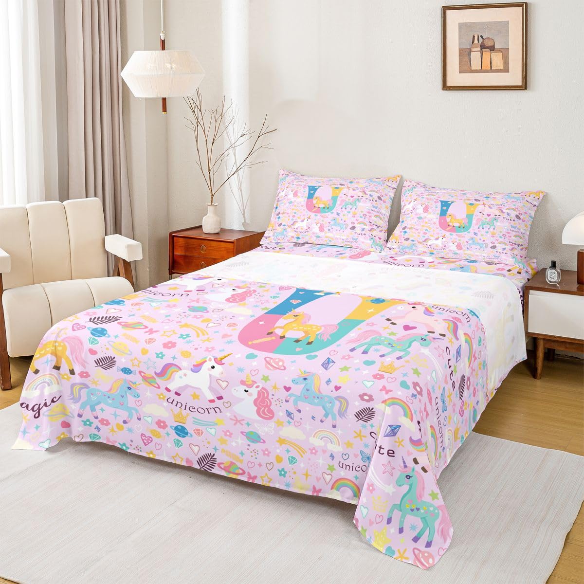 Homewish Fioletowy monogram jednorożec zestaw pościeli podwójny uroczy kawaii jednorożec tęcza prześcieradła Costom litera U zestaw prześcieradeł - marzycielski kwiat dopasowane górne prześcieradła 4
