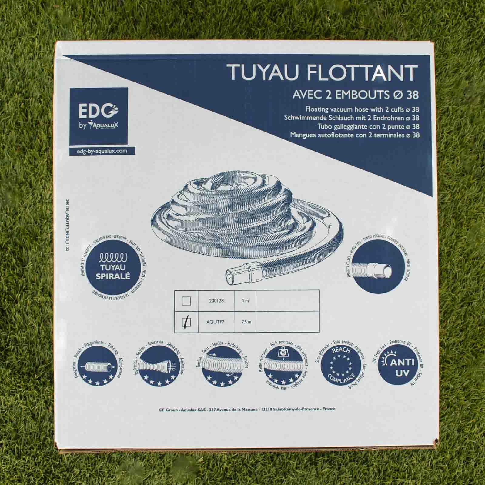 EDG by AQUALUX INTERNATIONAL - Tuyau Flottant Piscine Diamètre 38 mm Interieur avec 2 Embouts Fixes - Technologie Spiralée Haute Performance Anti Ecrasement - Longueur 12 m