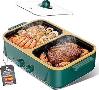 Olla eléctrica y parrilla 2 en 1, doble control de temperatura, calentamiento rápido - Electrodoméstico para cocinar en interiores: ideal para barbacoas, filetes, fideos y más - Hasta 4 pers (Verde S)