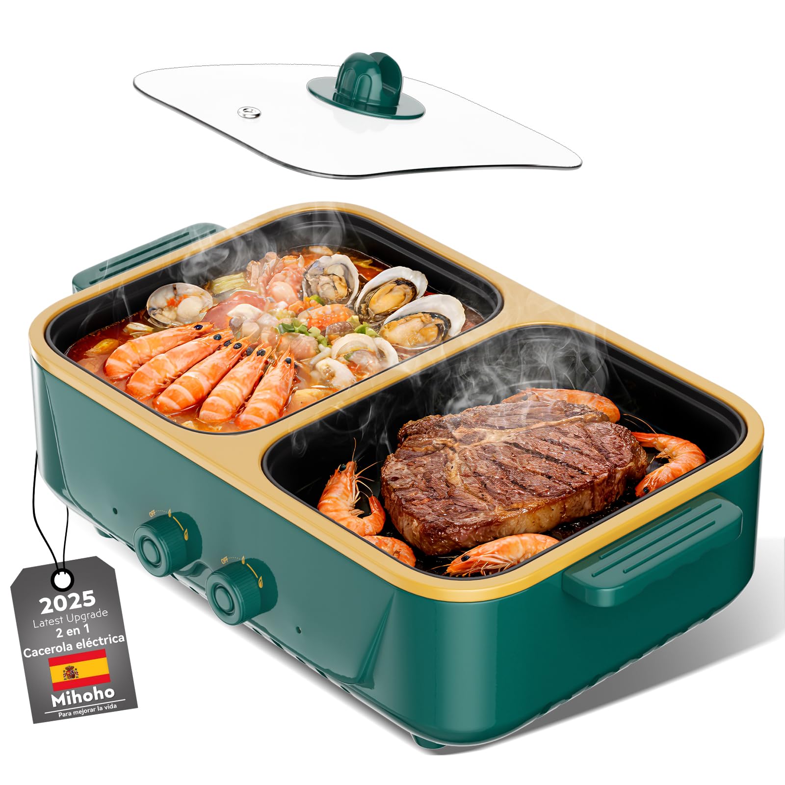 Olla eléctrica y parrilla 2 en 1, doble control de temperatura, calentamiento rápido - Electrodoméstico para cocinar en interiores: ideal para barbacoas, filetes, fideos y más - Hasta 4 pers (Verde S)