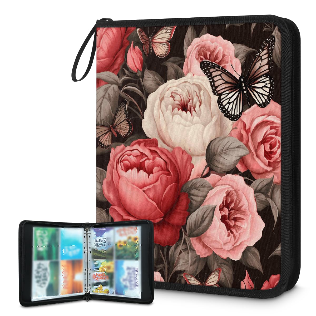Classeur pour cartes à collectionner 4 pochettes avec motif de roses - Style vintage - Papillon - Pivoine - Avec pochettes amovibles - Étanche - Avec fermeture éclair - Capacité de 50 pages - Capacité