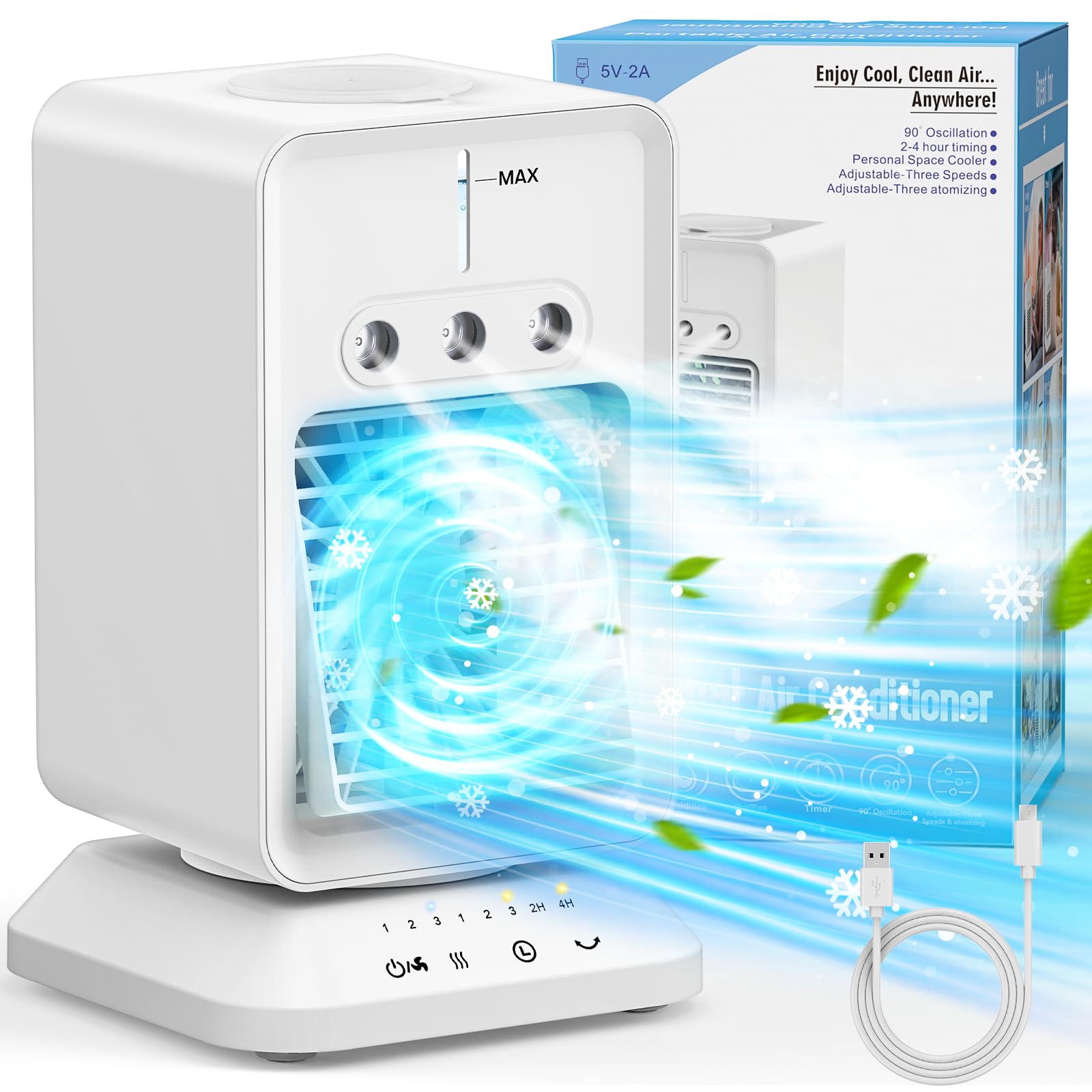 HIFRESH Mini Cooler with 90° Rotate, 4H Timer, 3-Level Mist, 300ml Ice Chamber, USB Operated Mini Air Cooler for Room Cooling, 3 Speeds Strong Airflow, Personal Cooling Fan for Home, Kitchen, Office