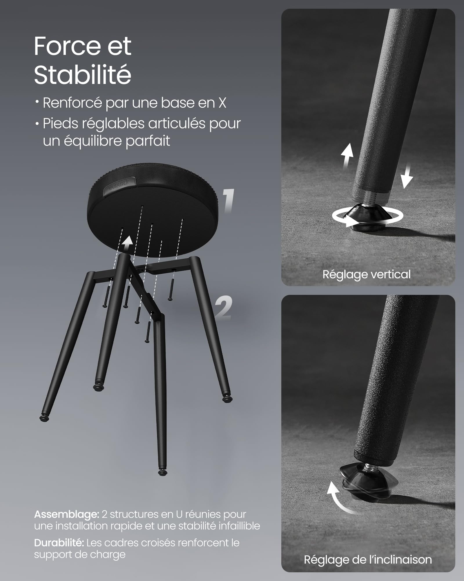 VASAGLE EKHO Collection - Tabouret de Salle à Manger, Lot de 2, Chaise de Cuisine, Siège Rembourré, PU avec Coutures, Style Moderne Mi-siècle, Hauteur 48,2 cm, Salon, Noir d'encre LDC170BH01V1