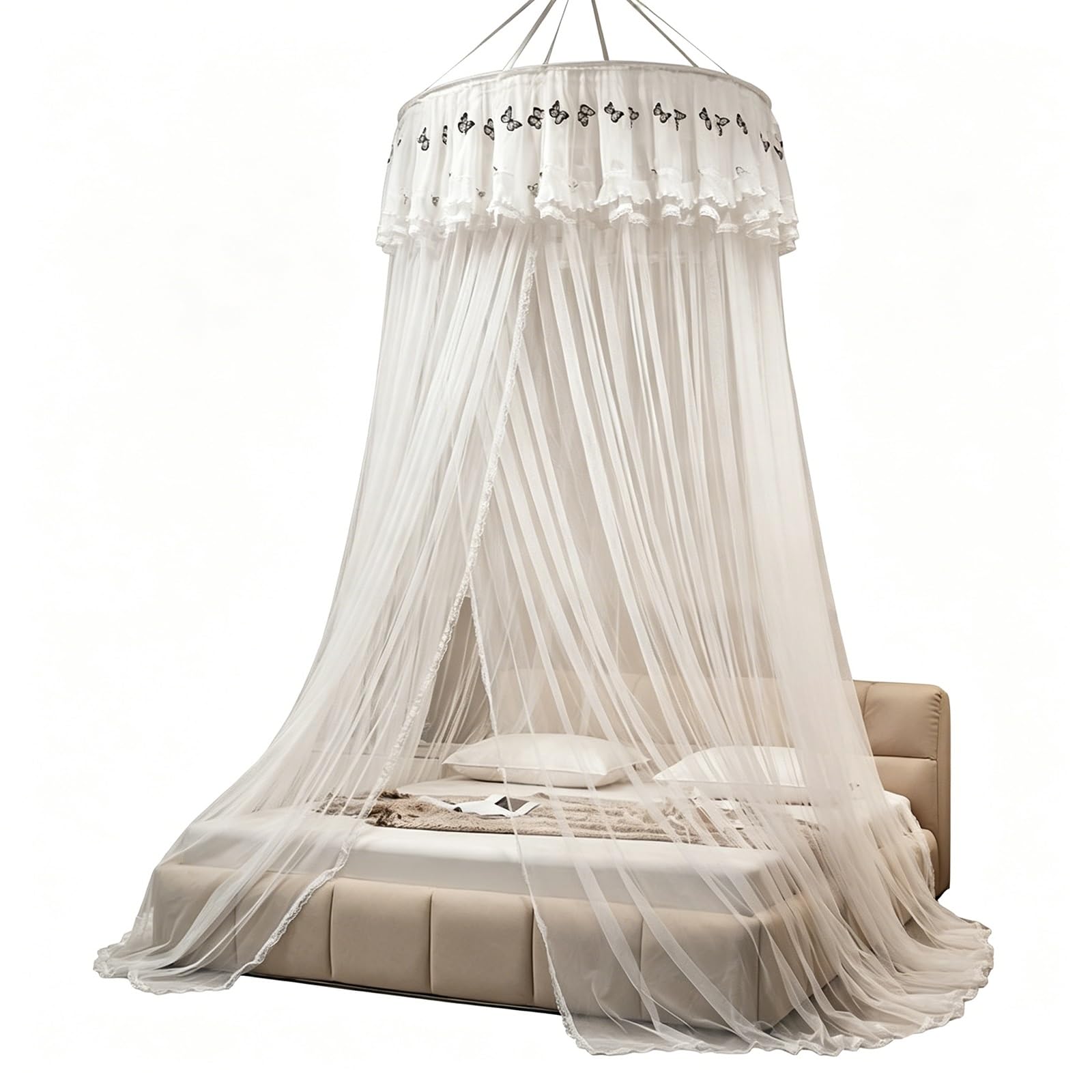 SARKEY Round Dome Canopy Bed Curtain,Embroidery Lace Sheer Mesh,Floor-standing Mosquito Net,Single Entrance Mosquitero Nets,for Girls Women Adults Wedding Bedroom Decoration