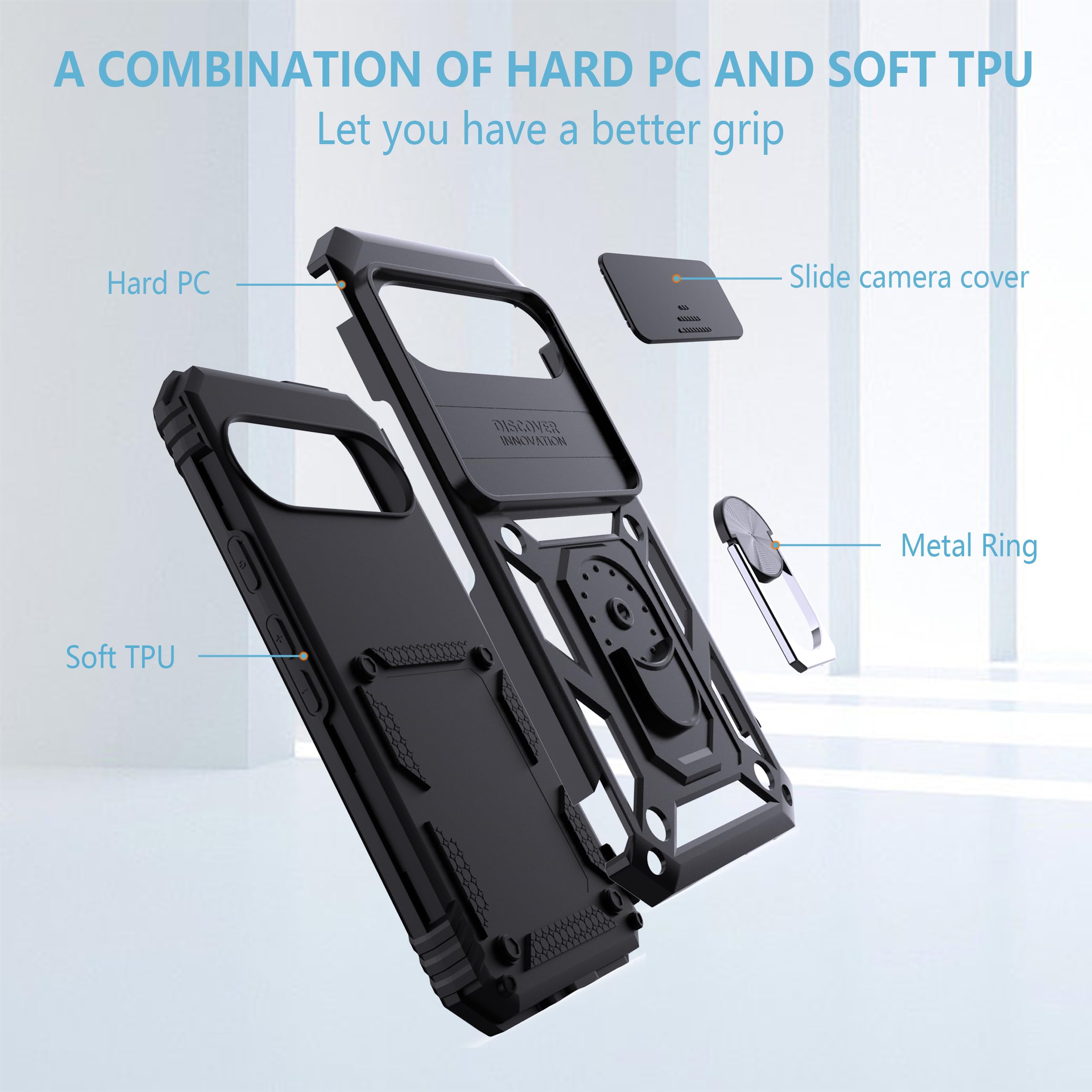 Custodia per Google Pixel 9/9 Pro con Slide Camera, per Google Pixel 9, custodia con protezione per fotocamera, anello girevole a 360°, supporto antiurto, per Google Pixel 9 Pro 5G, custodia Slide