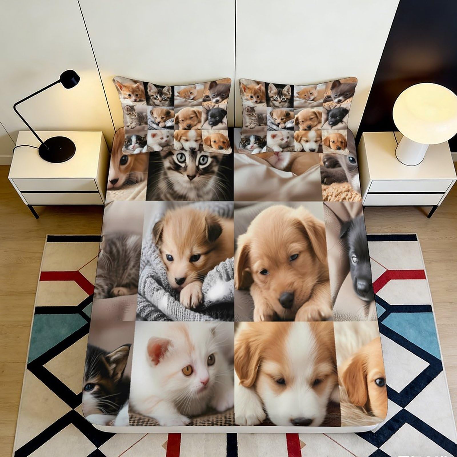 3D Printed Puppy Collage Fitted Sheet Microfiber Soft Easy Care Kitten Patchwork Mattress Cover for Bedroom Dorm Decor 90x200x25cm