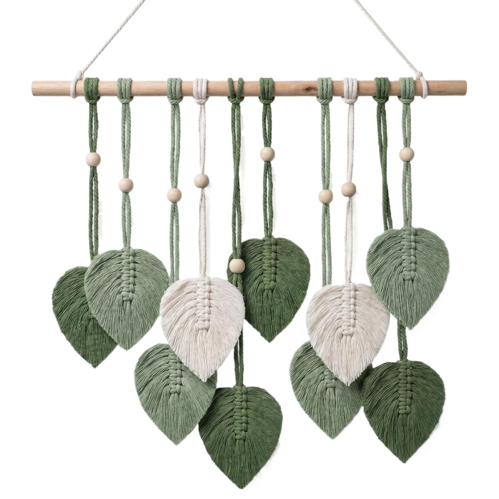 Zirax Macrame Wall Hanging Green Leaf Tassel Tapestry - 10 Leaves Woven Cotton Rope Boho Chic Wall Decor for Bedroom, Living Room, Office and Apartment, Aesthetic Bohemian Home Wall Art Ornament