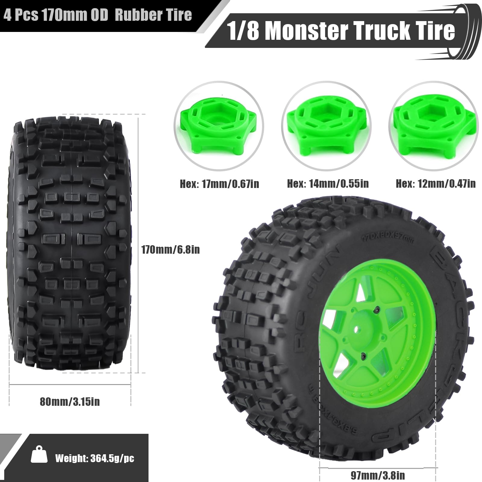 3.8" MT Monster Truck Tires with Foam Insert, 17mm/14mm/12mm Hex Adapters Included, Compatible with TRAXXAS Sledge - Image 2