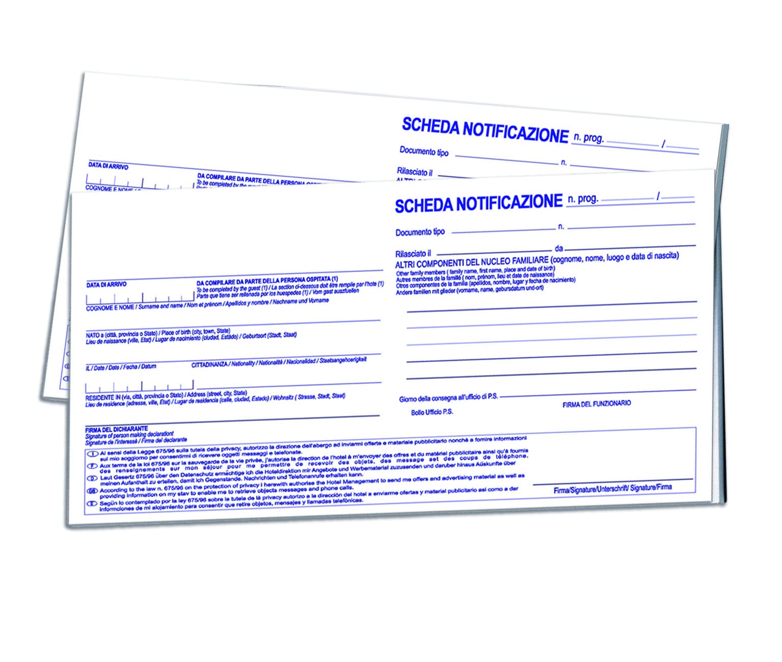 Schede Notifica Hotel, Alberghi, Campeggi, in singoli fogli a Blocchetti (100)