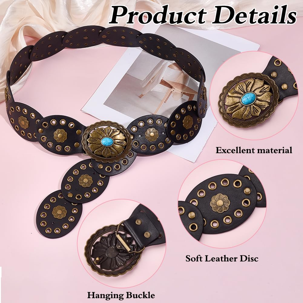 MAYJOYDIY Cinturón ancho de piel sintética para mujer, cinturón de disco bohemio ajustable turquesa para vestido de vaquera, jeans, viajes, fiesta de cumpleaños