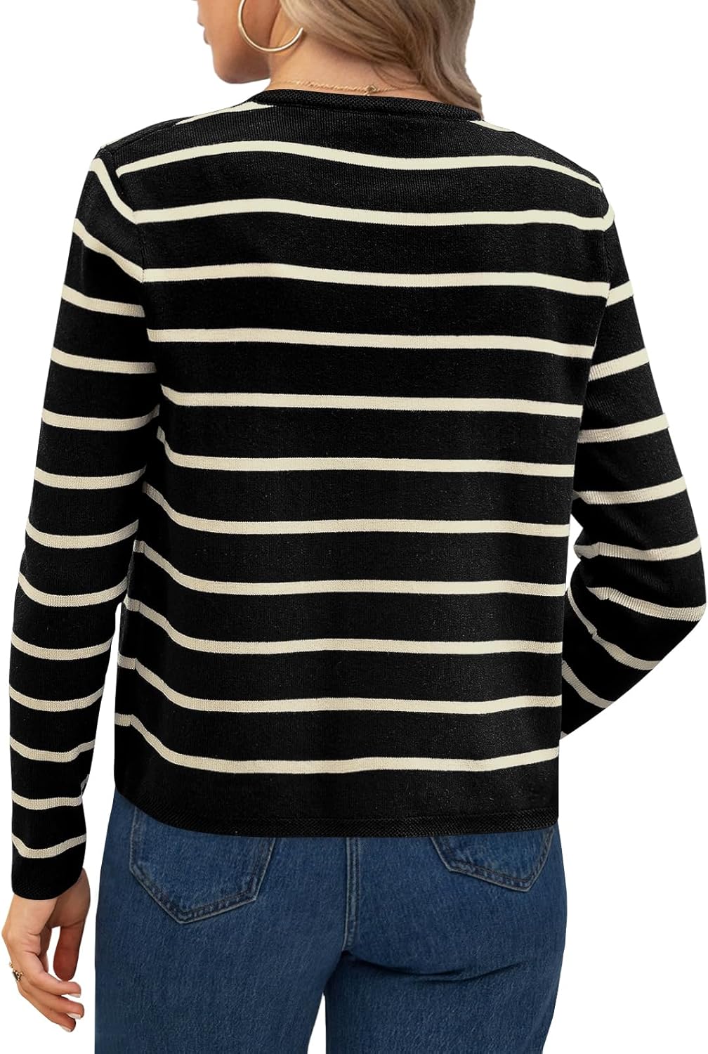Elesomo Womens Striped Cardigan Business Casual Crew Neck Button Front Cardigans Sweater - Image 4