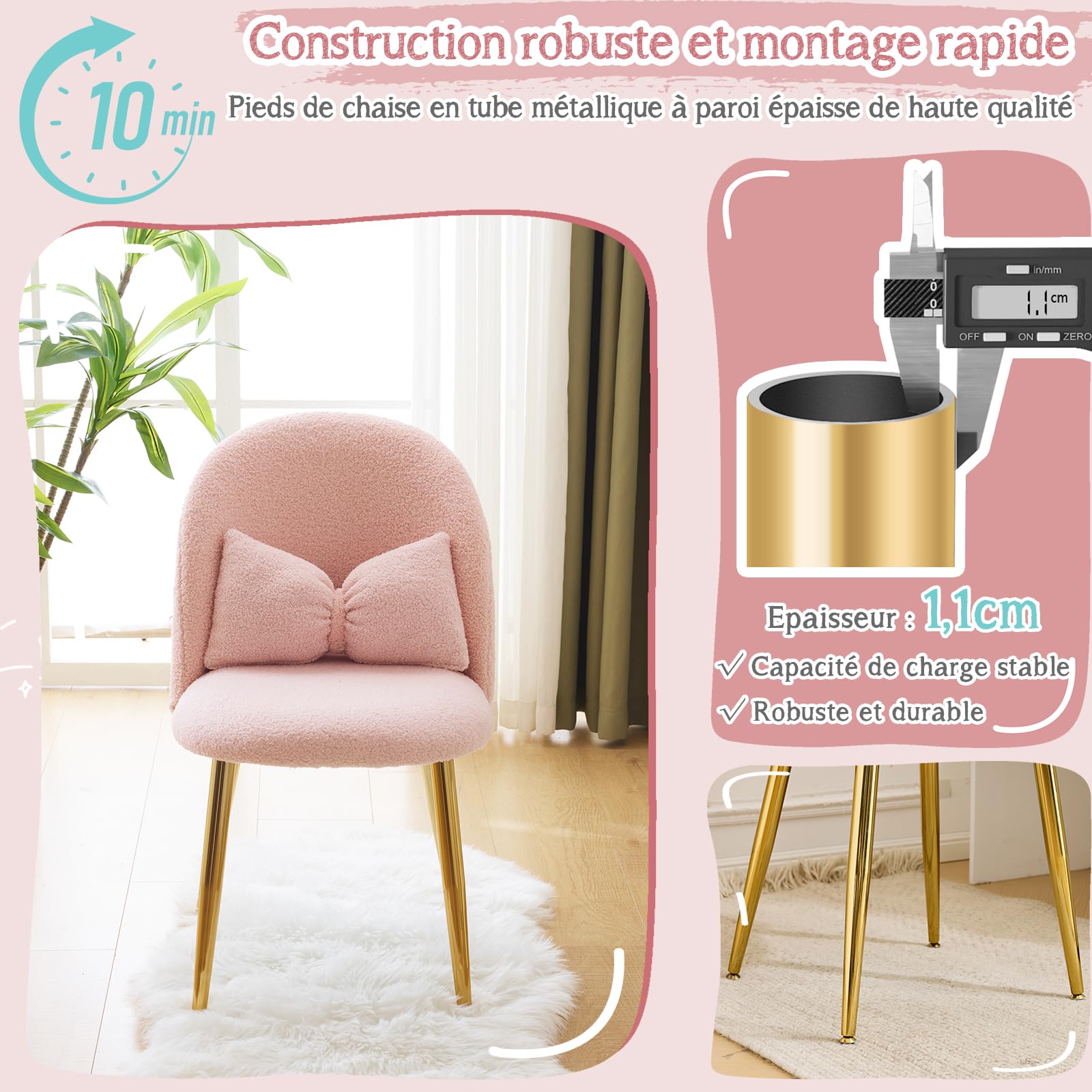 Bonnlo Fauteuil Relax, Chaise Coiffeuse, Fauteuil avec Coussin Nœud, Dossier Incurvé sans Accoudoirs, pour Salon, Bureau, Chambre, en Peluche Lapin/Teddy, 55 x 48 x 78.5 cm (Teddy & Rose)