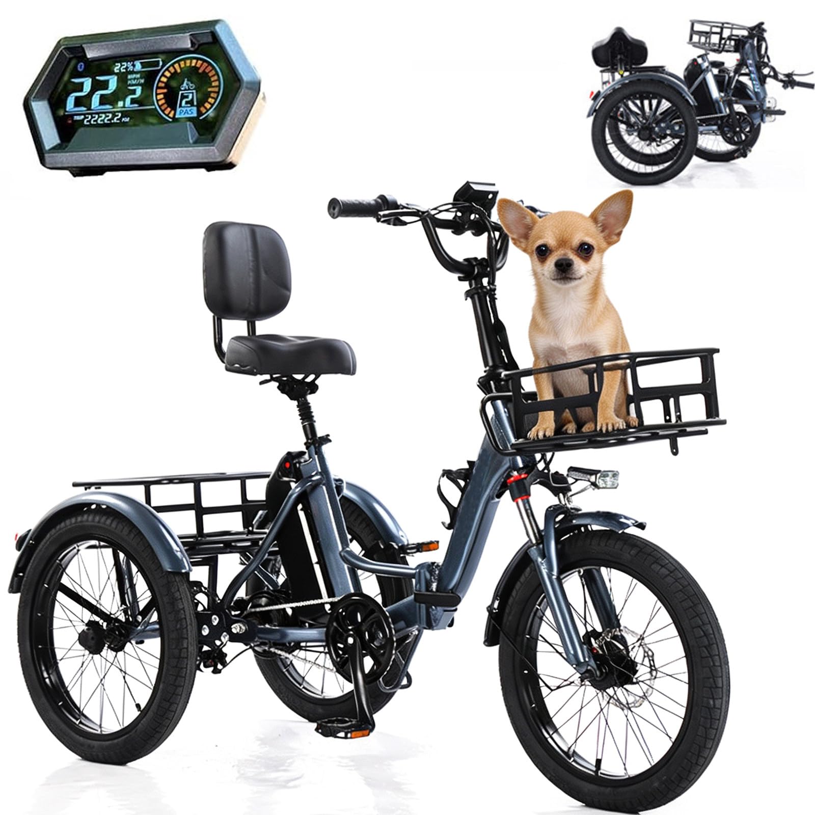 BuilfutenM Foldable Pedal Tricycle Adult Bike Fat Tyre with Cargo Basket Easy Climbing Load Capacitay Fat Tire for Adults,Comfortable Rides 20Inch-Grey