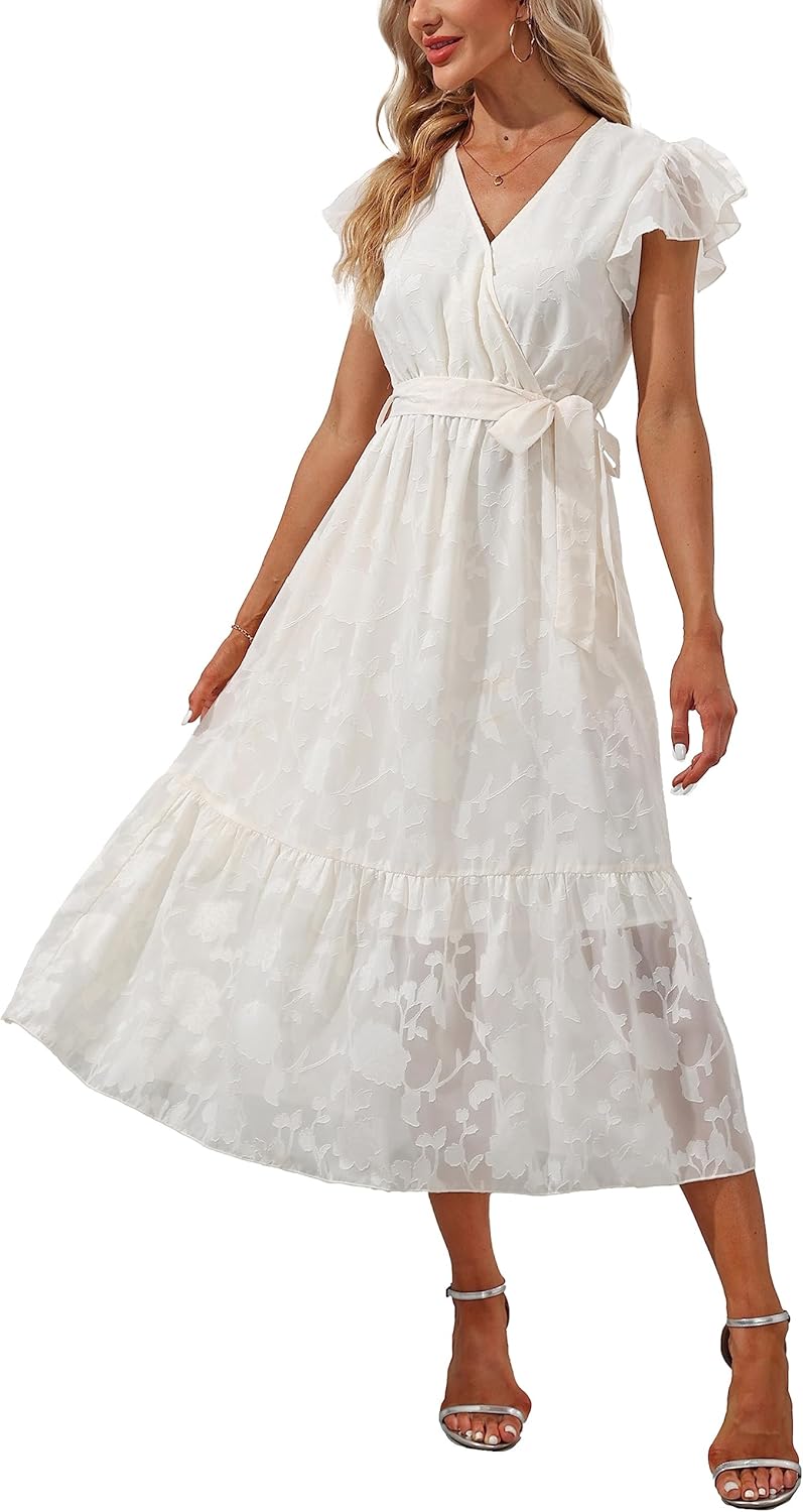 Damen Casual Midi Kleid Blumenkleid V-Ausschnitt Chiffonkleid Kleider A Linie Plissiertes Kleid mit Gürtel