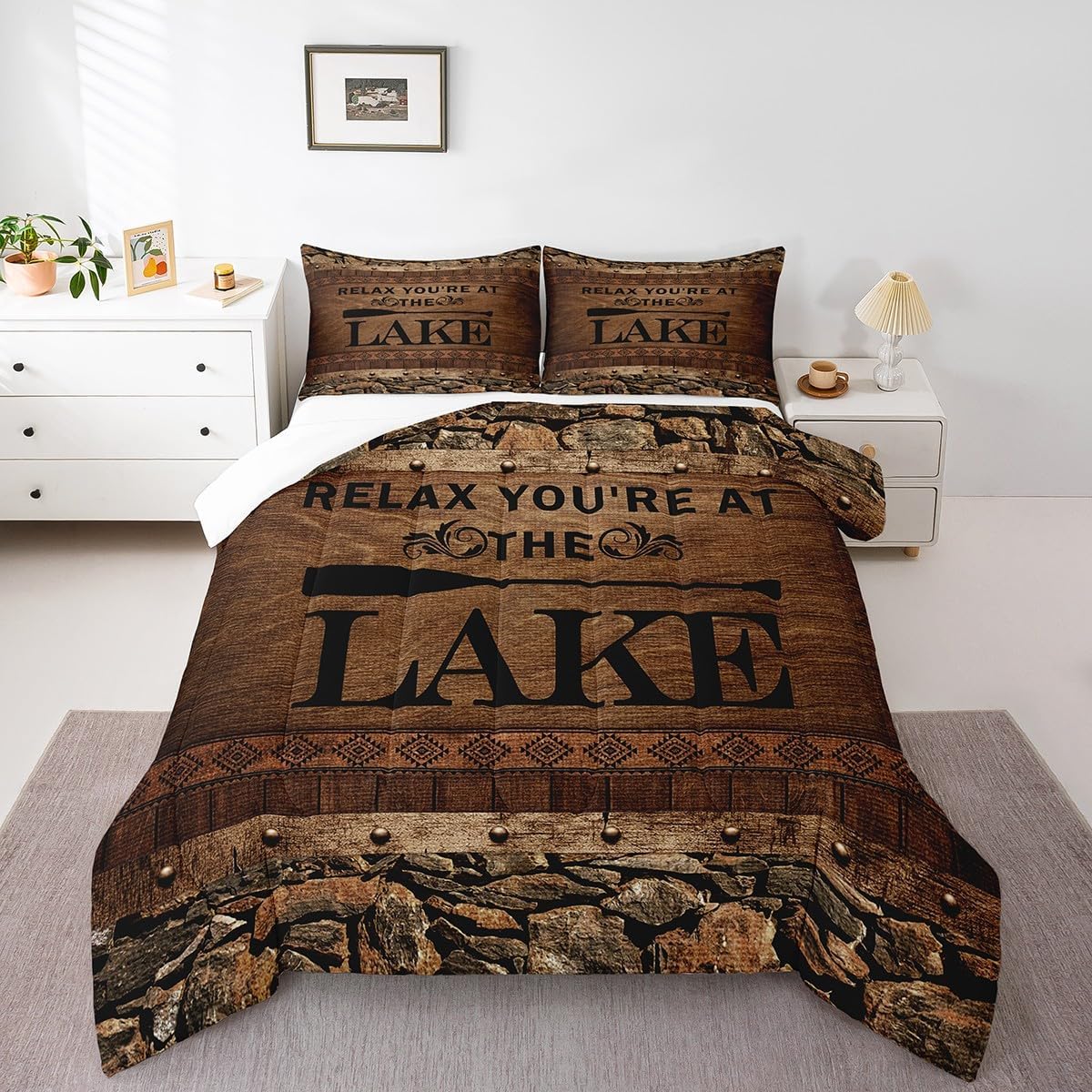 Manfei Lake House Comforter Set Queen Size, Brown Wooden Print Bedding Set for Kids Boys Teens Bedroom Decor, Rustic Farmhouse Down Comforter, Lightweight Duvet Insert,2 Pillowcases