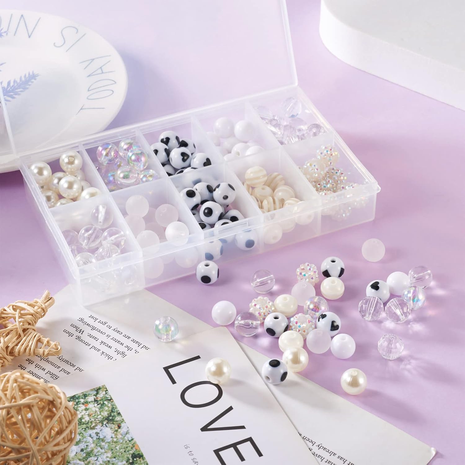 Cheriswelry 160Pcs 11-12mm ABS Imitation Pearl Beads White Round Heart Dot Pattern Transparent Acrylic Beads AB-Color Resin Rhinestone Beads Supplies 10 Styles for DIY Jewelry Making Kit