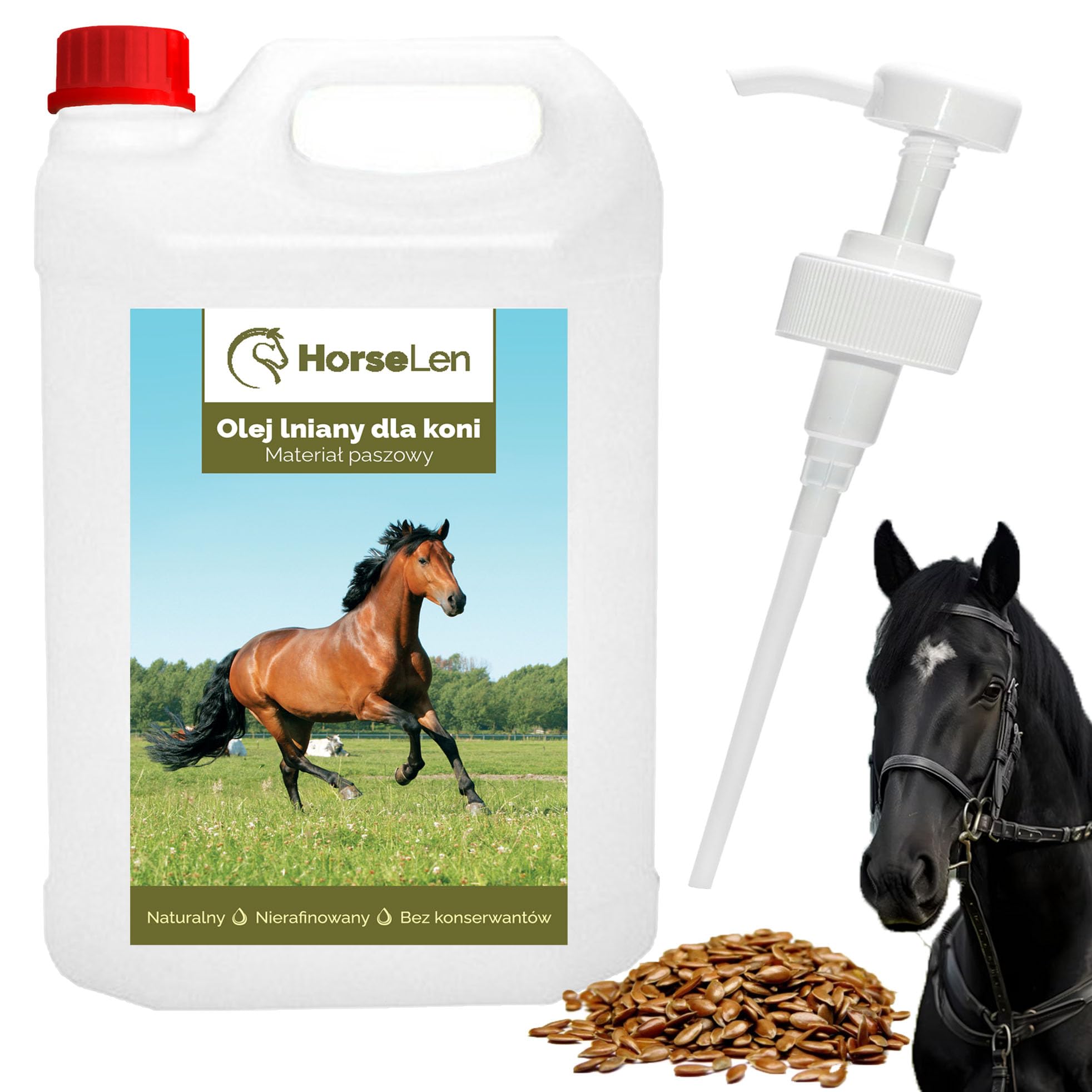 HORSELEN, Olej Lniany dla Koni, Nierafinowany, 100% Naturalny, Tłoczony na Zimno, Bogaty w Omega-3, Witaminy A, D, E, 5L + Pompka Dozująca, Dawkowanie 50-120ml/dzień