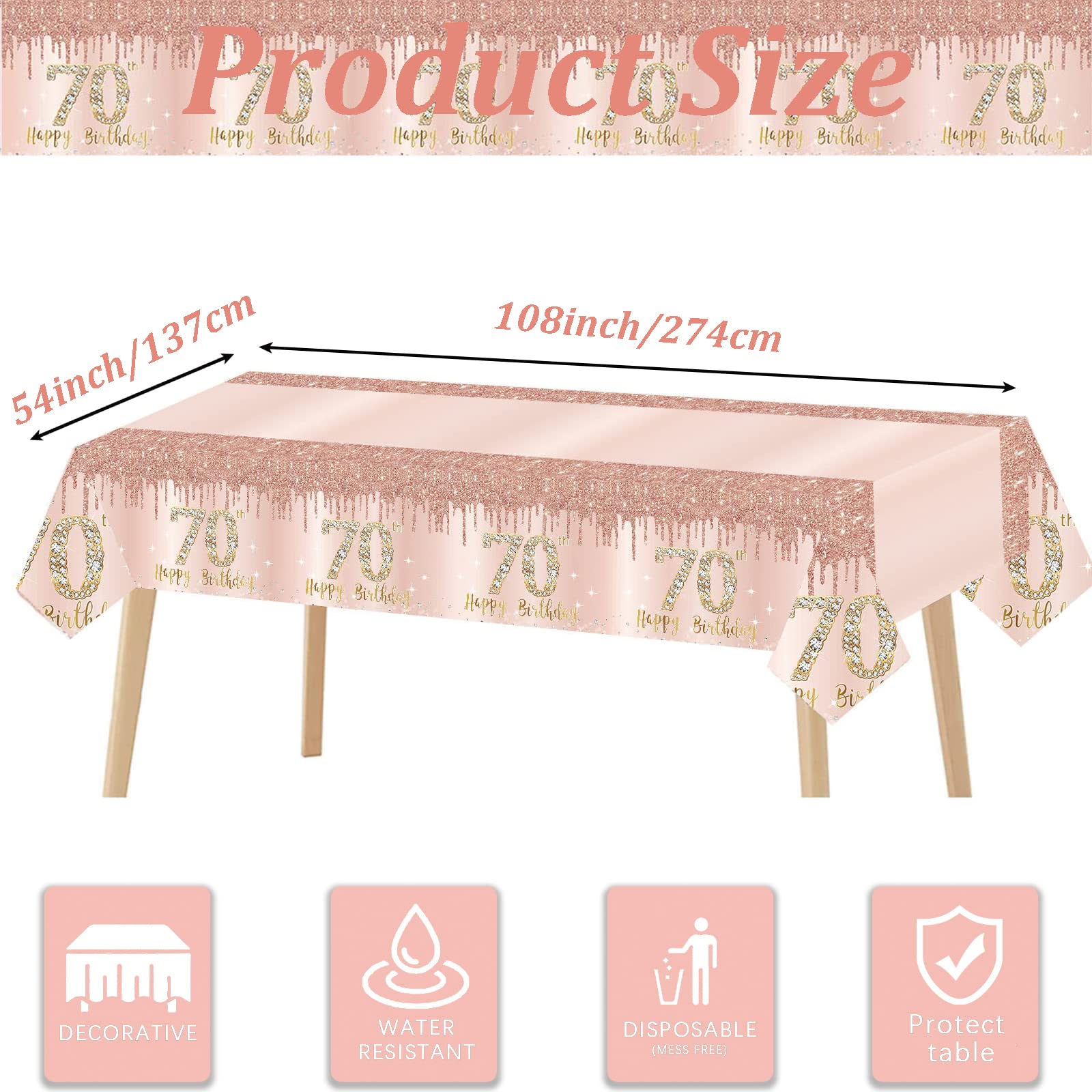 Nappe Anniversaire 70 Ans POPOYU - 137x274cm, Rose Et Or, Jetable, Pour Fête Intérieur/Extérieur