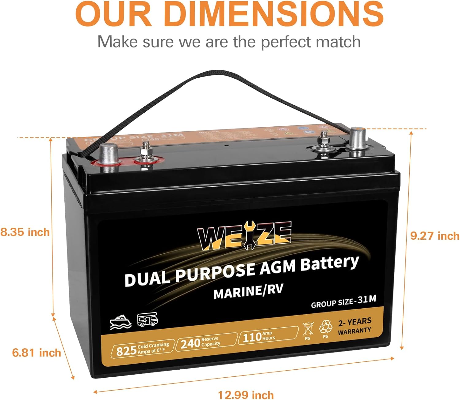 WEIZE BCI Group 31M Dual Purpose AGM Battery, 200RC 825CCA 12V 105AH Starter & Deep Cycle Sealed Marine & RV Battery